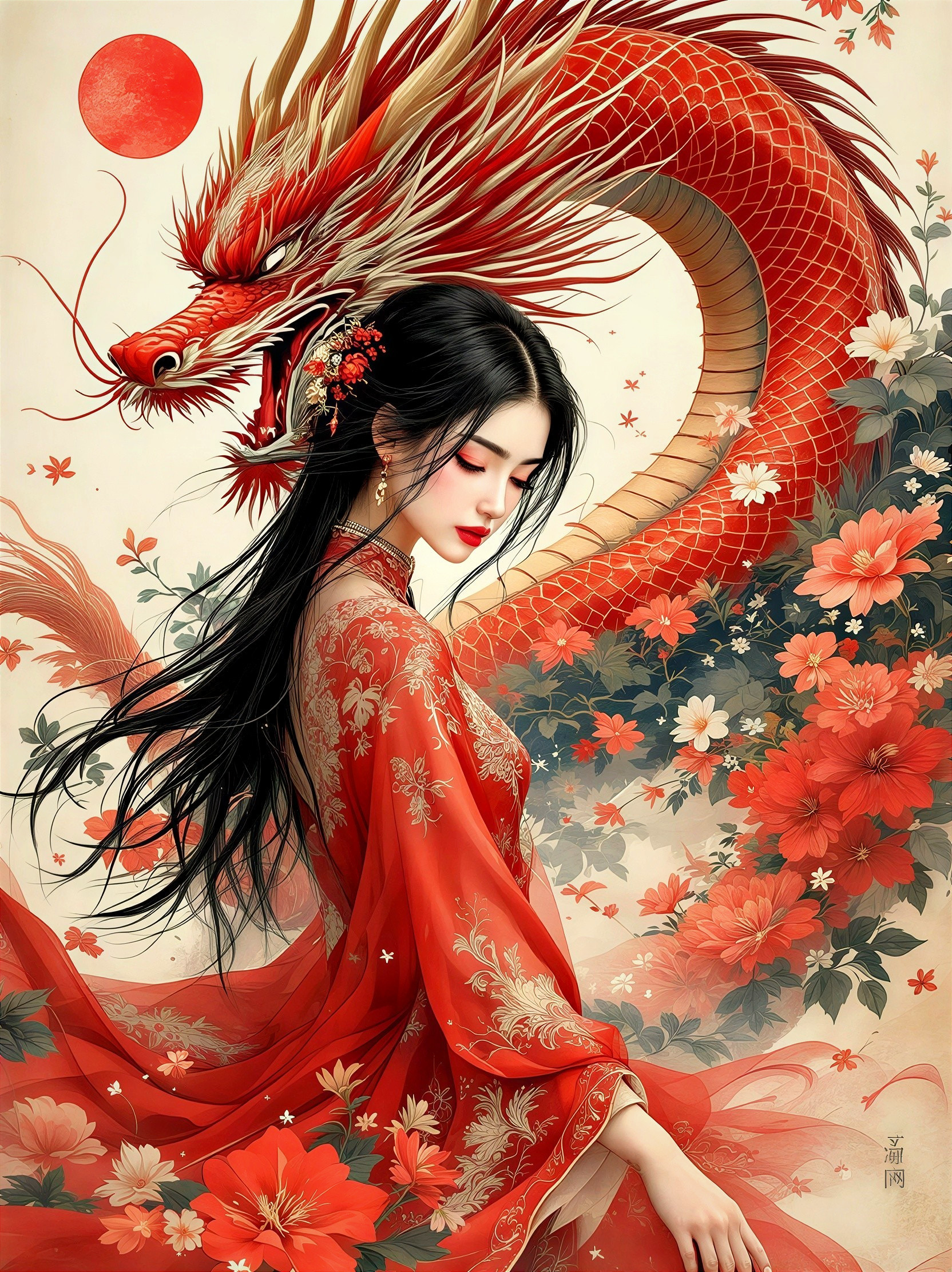 Illustration of a Chinese Woman with Dragon and Flowers