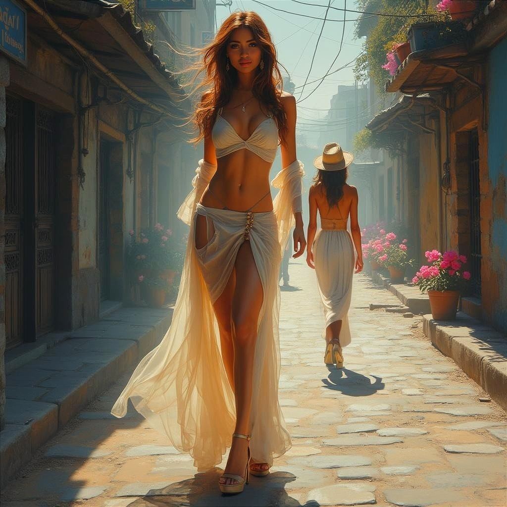 Women in Summer Attire on a Colorful Street