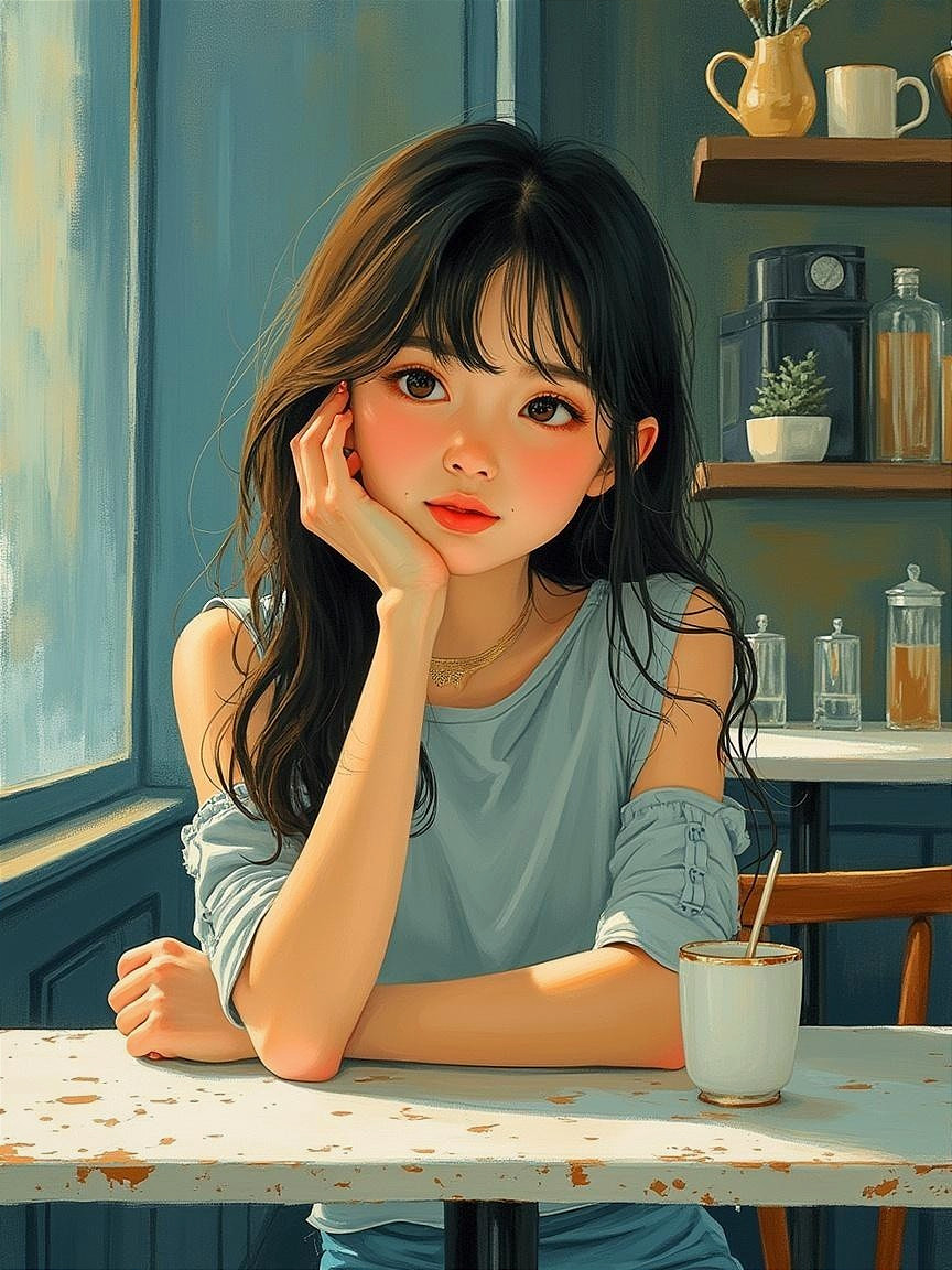 Young woman in café with soft sunlight and plants