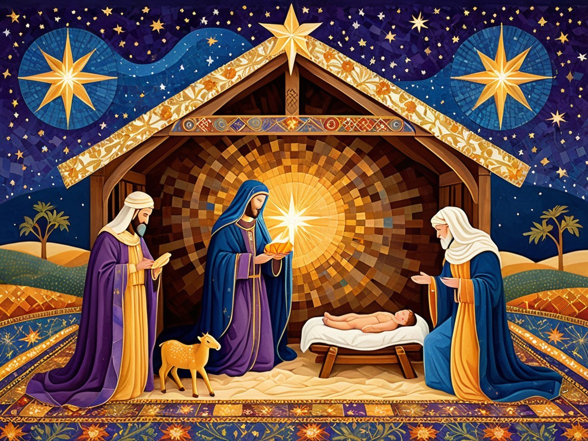 Mosaic Illustration of the Nativity Scene with Details