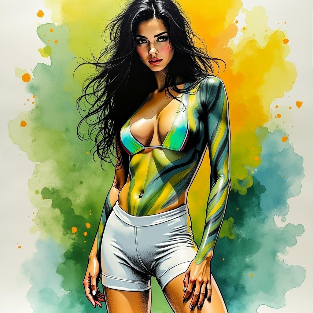 Confident Woman in Abstract Art with Vibrant Colors