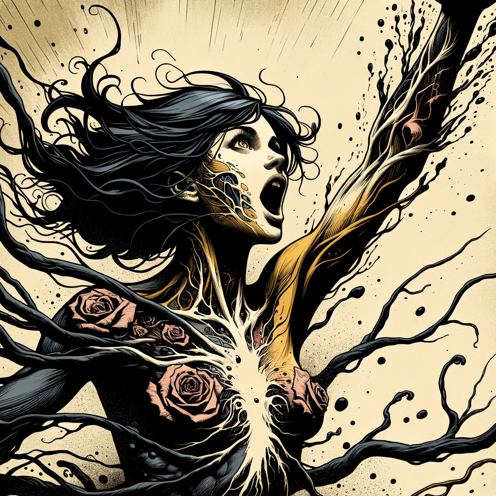 Powerful figure with dark hair and emotional expression