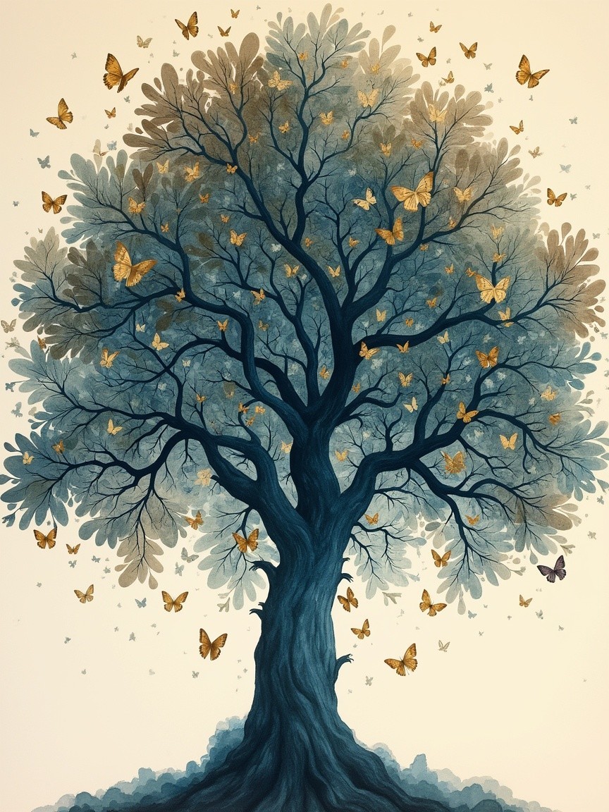 Majestic tree with golden butterflies and blue leaves