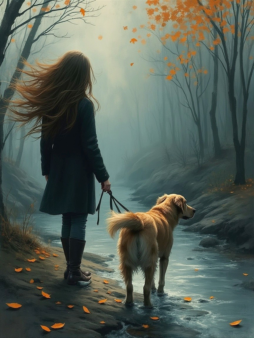 Girl with Golden Retriever by a Foggy Stream