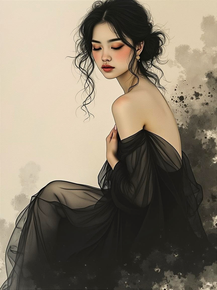 Elegant figure in flowing black gown with serene expression