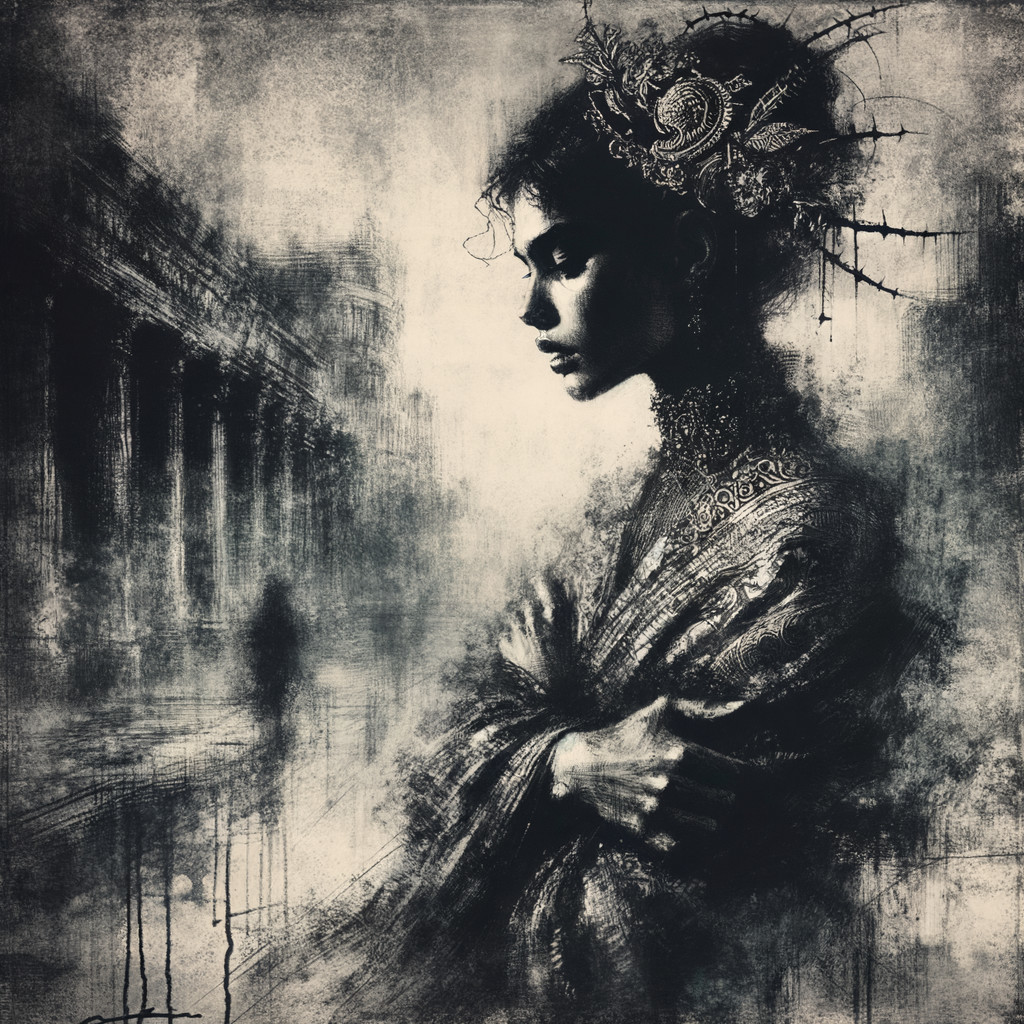 Haunting Profile of Woman with Floral Headdress