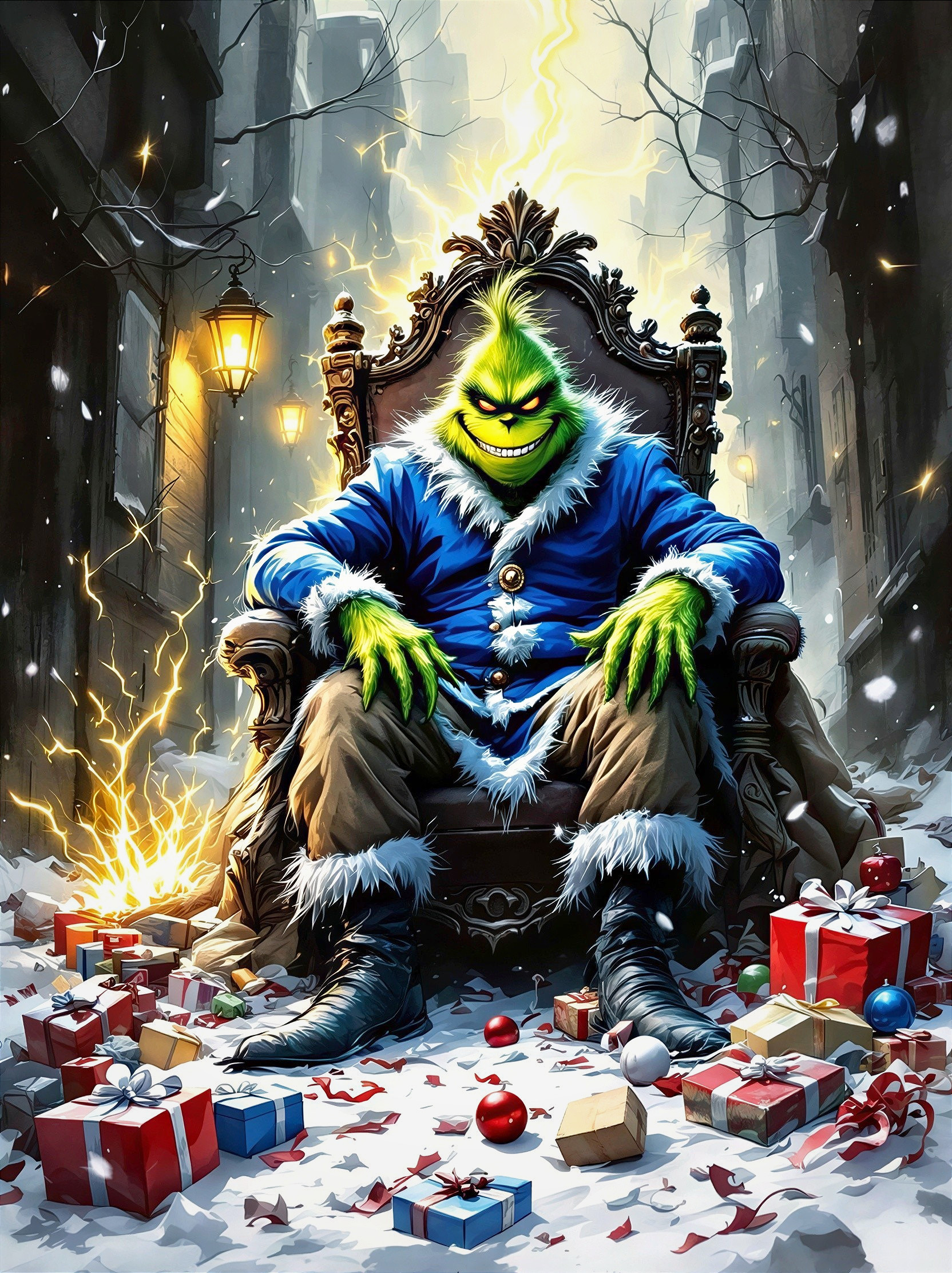 Grinch on Throne Surrounded by Christmas Gifts Outdoors