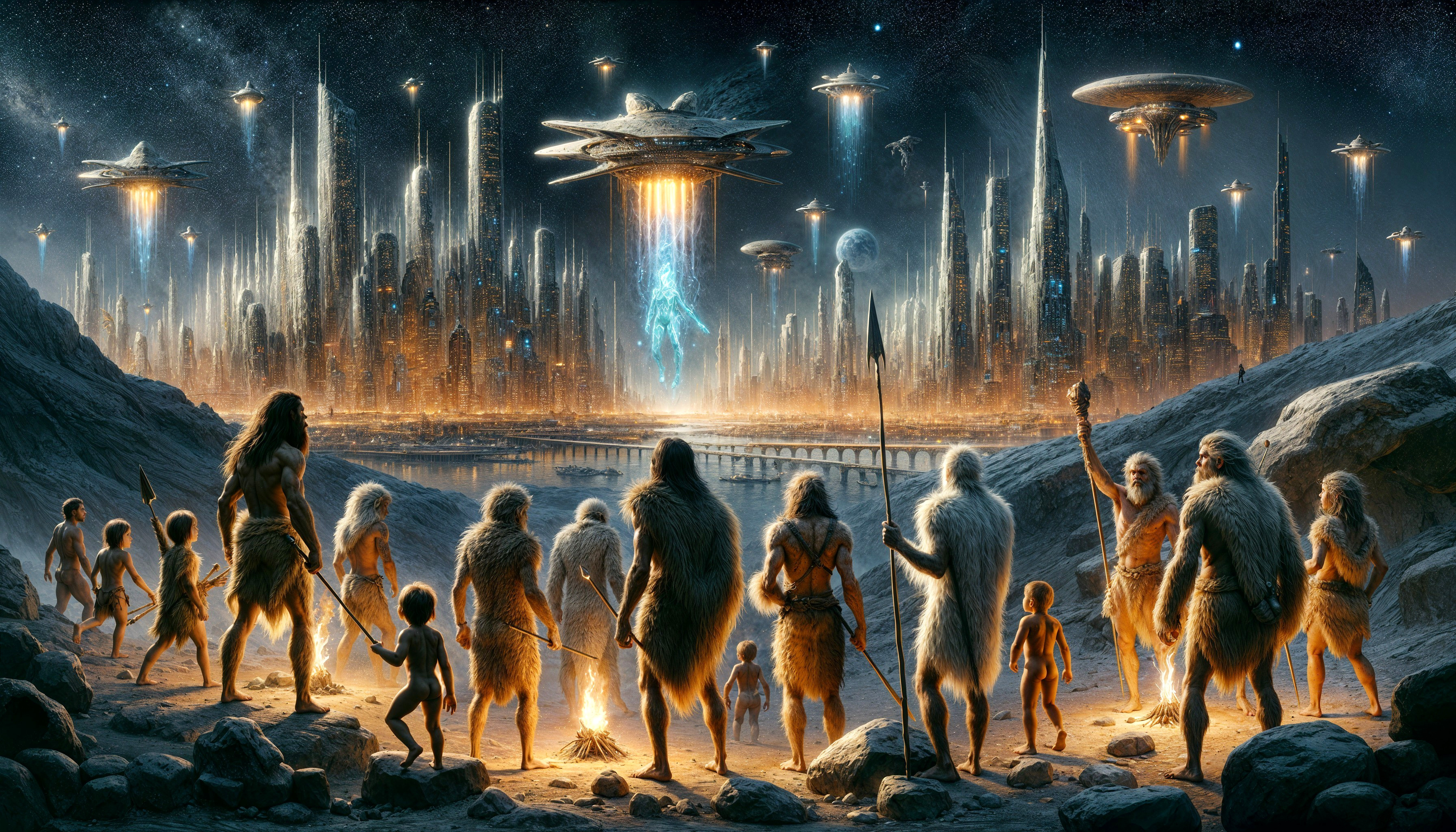 Contrast of Primitive Humans and Futuristic City Skyline