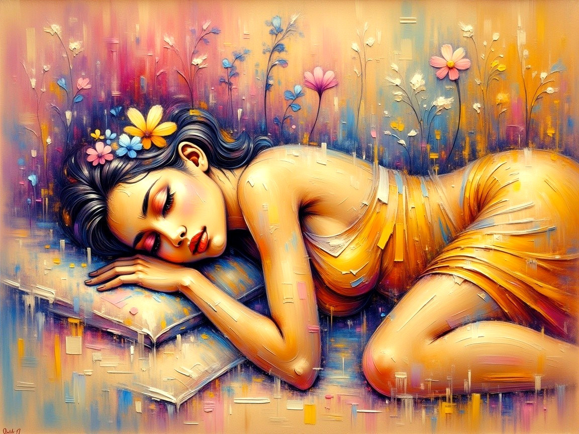 Serene Woman on Pillow with Flowers and Soft Gown