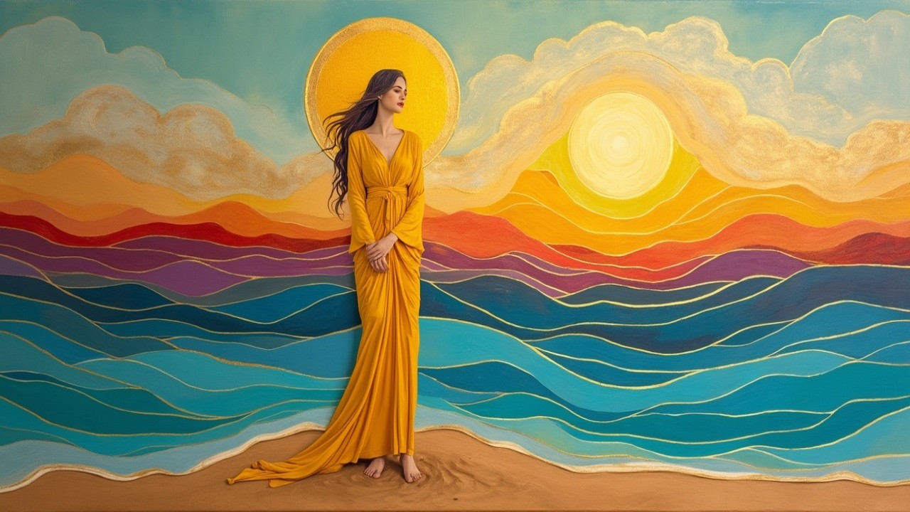 Woman in Yellow Gown Against Sunset and Waves