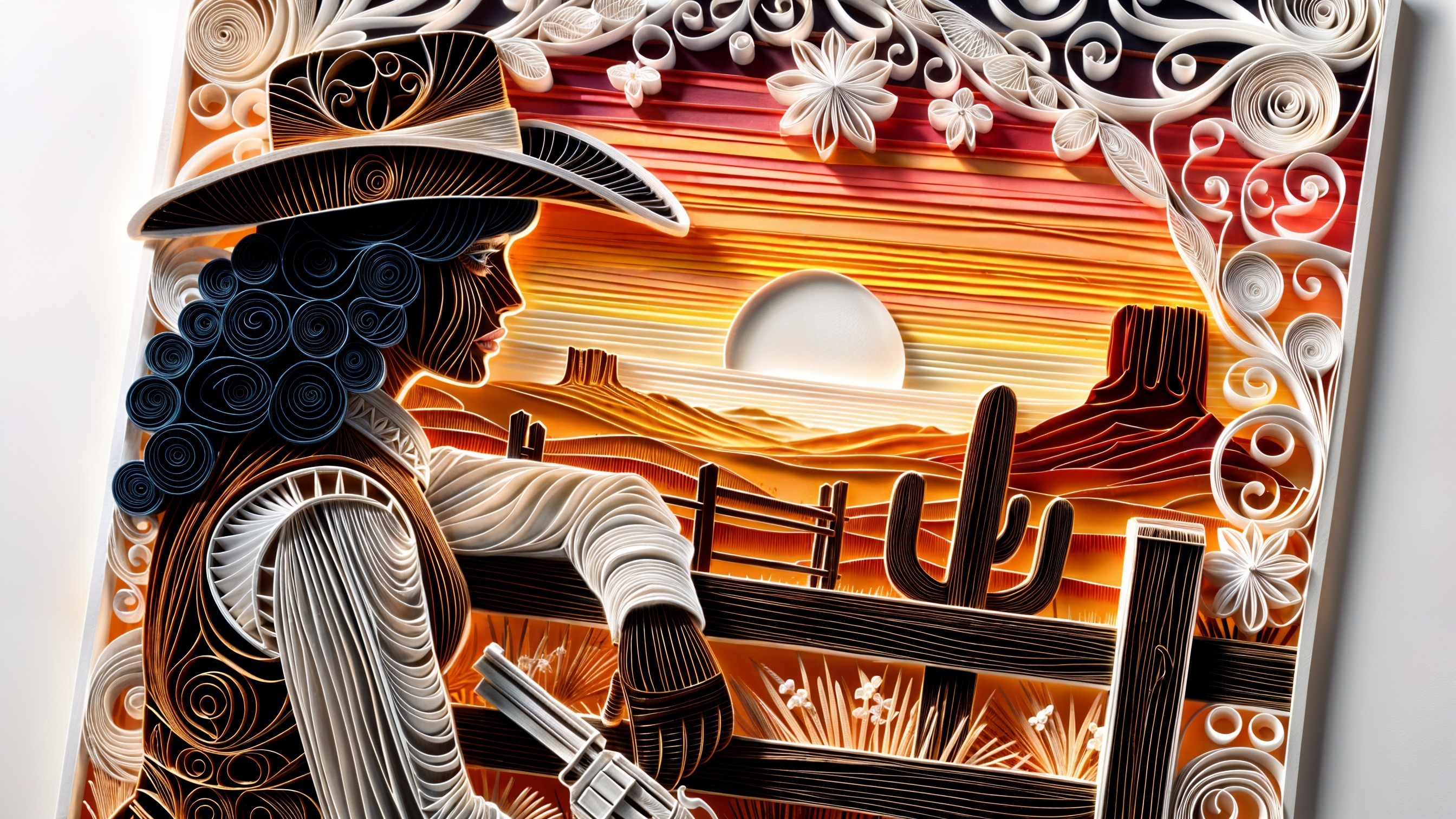 Quilling Artwork of Cowboy Silhouette at Sunset