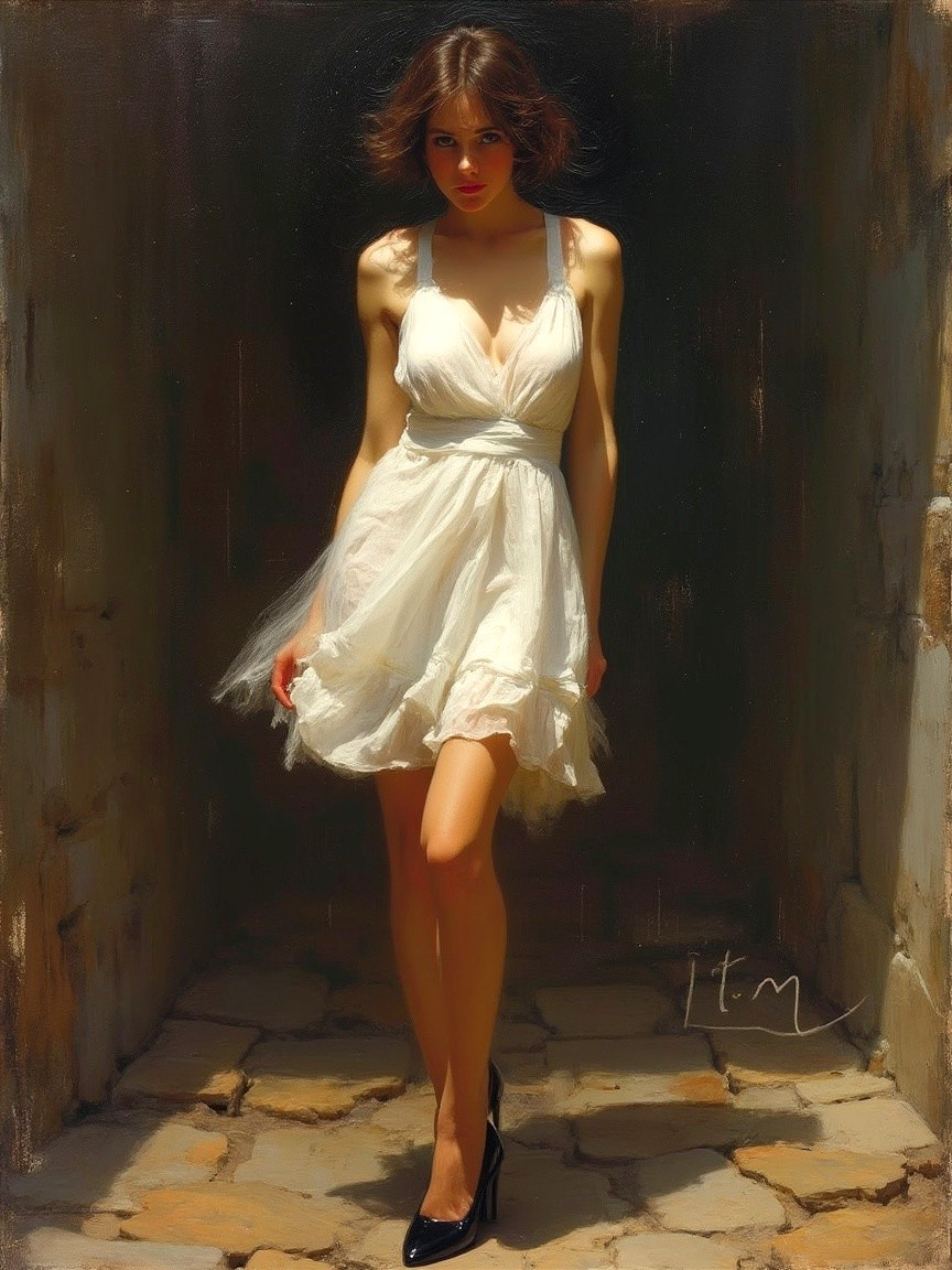 Young woman in white dress in dim passageway
