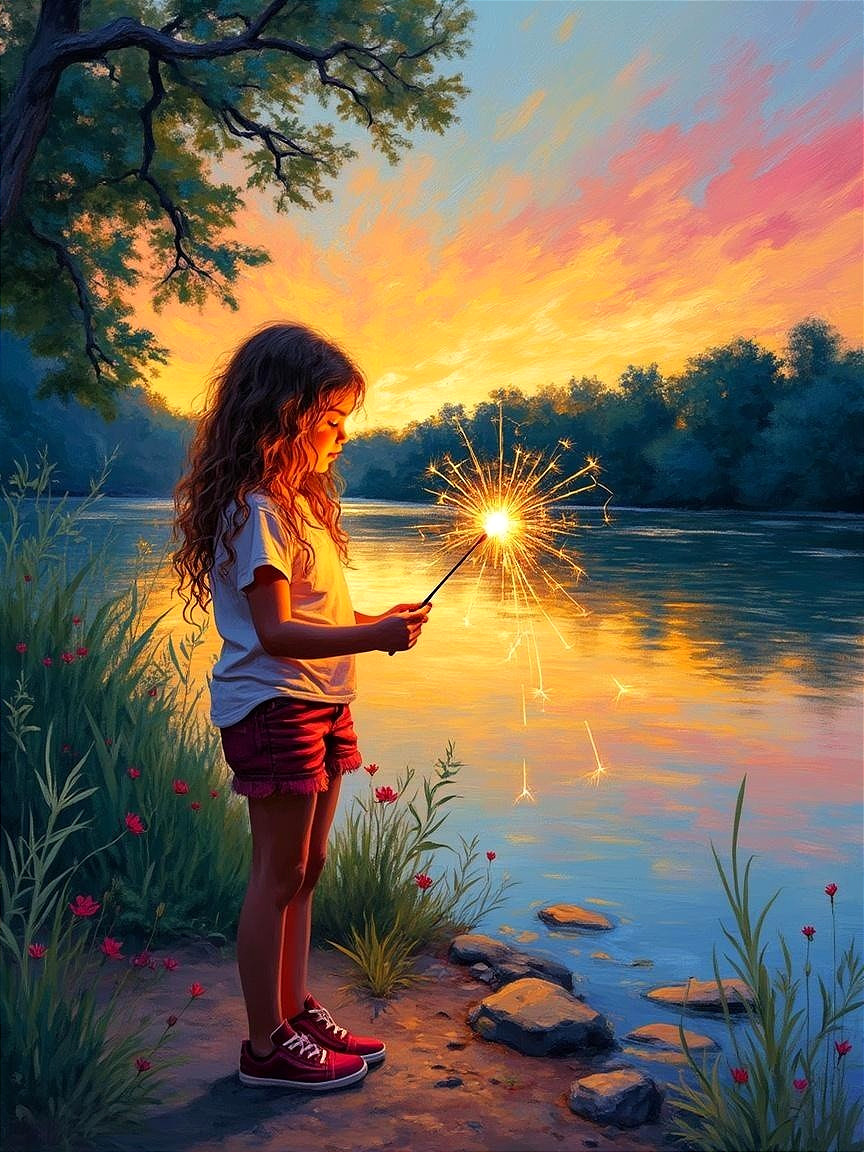 Young girl by river at sunset with sparkler