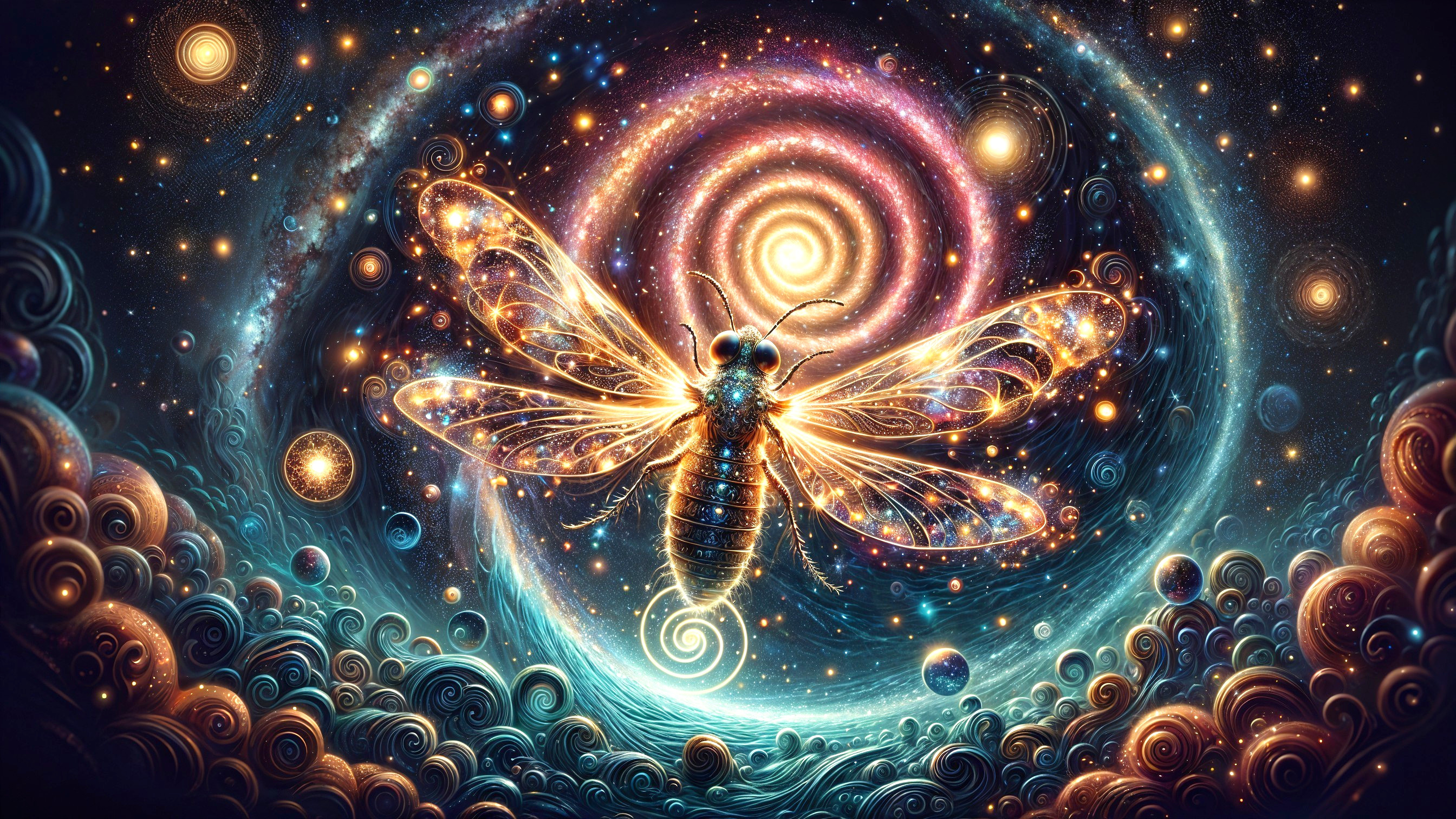 Ethereal Bee in a Cosmic Colorful Landscape