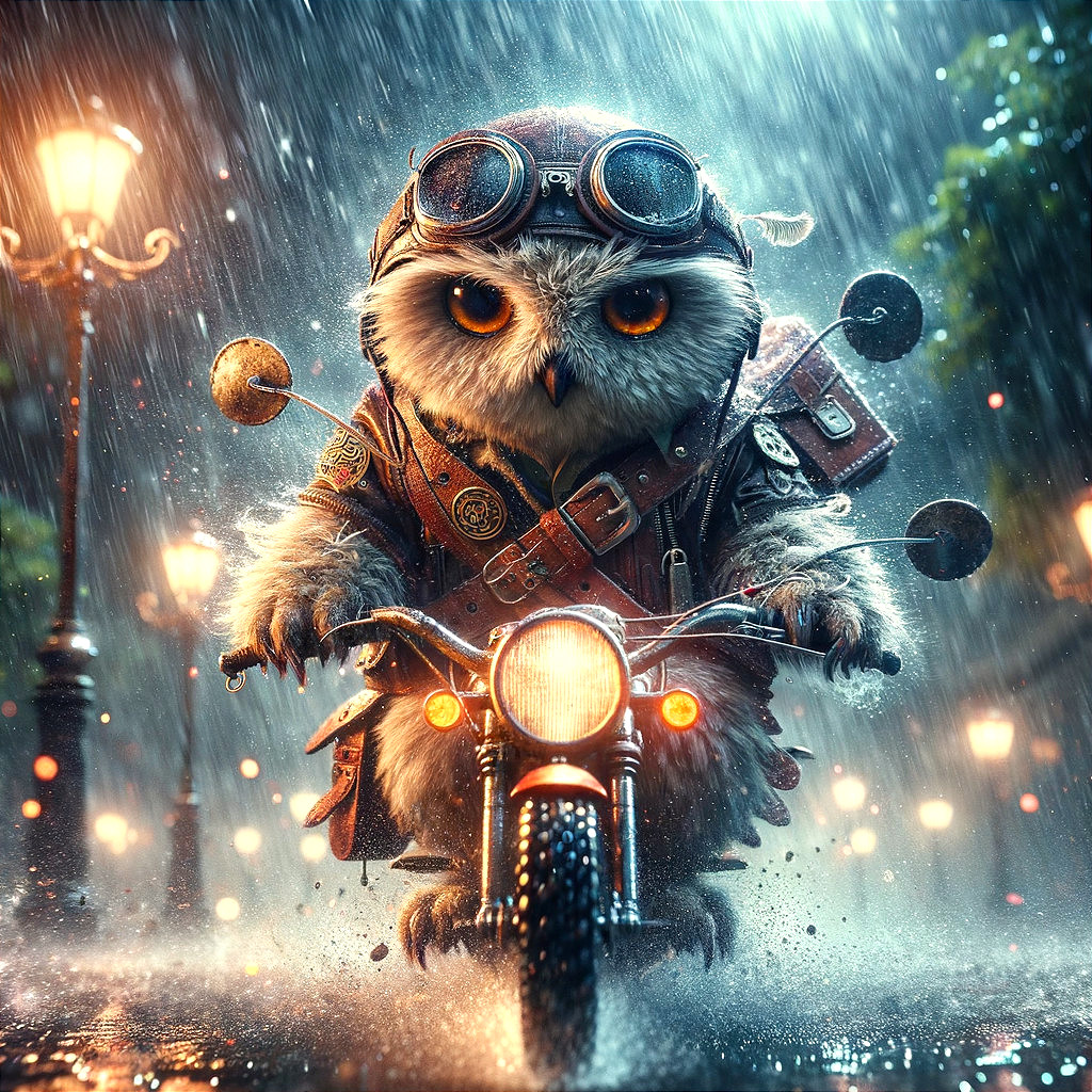 Owl in Vintage Goggles Riding Motorcycle in Rain