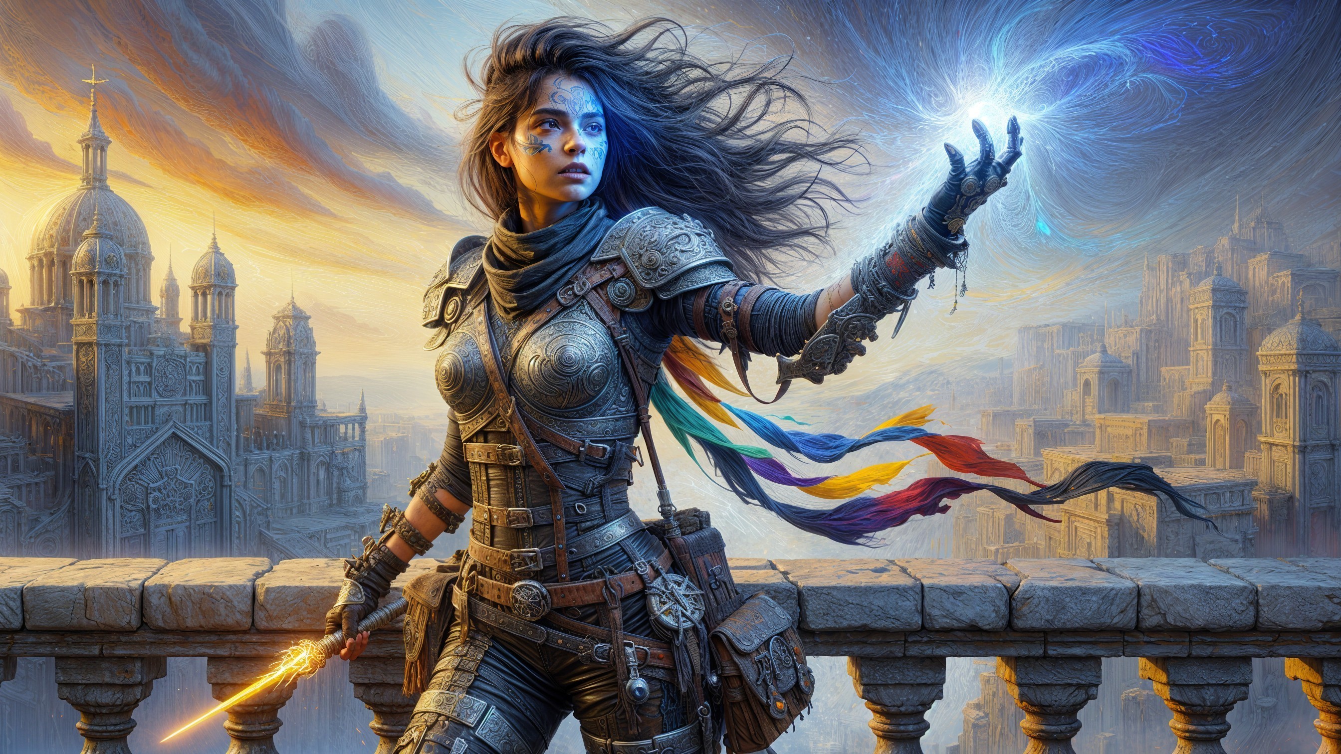 Warrior Woman on Balcony Overlooking Fantasy City