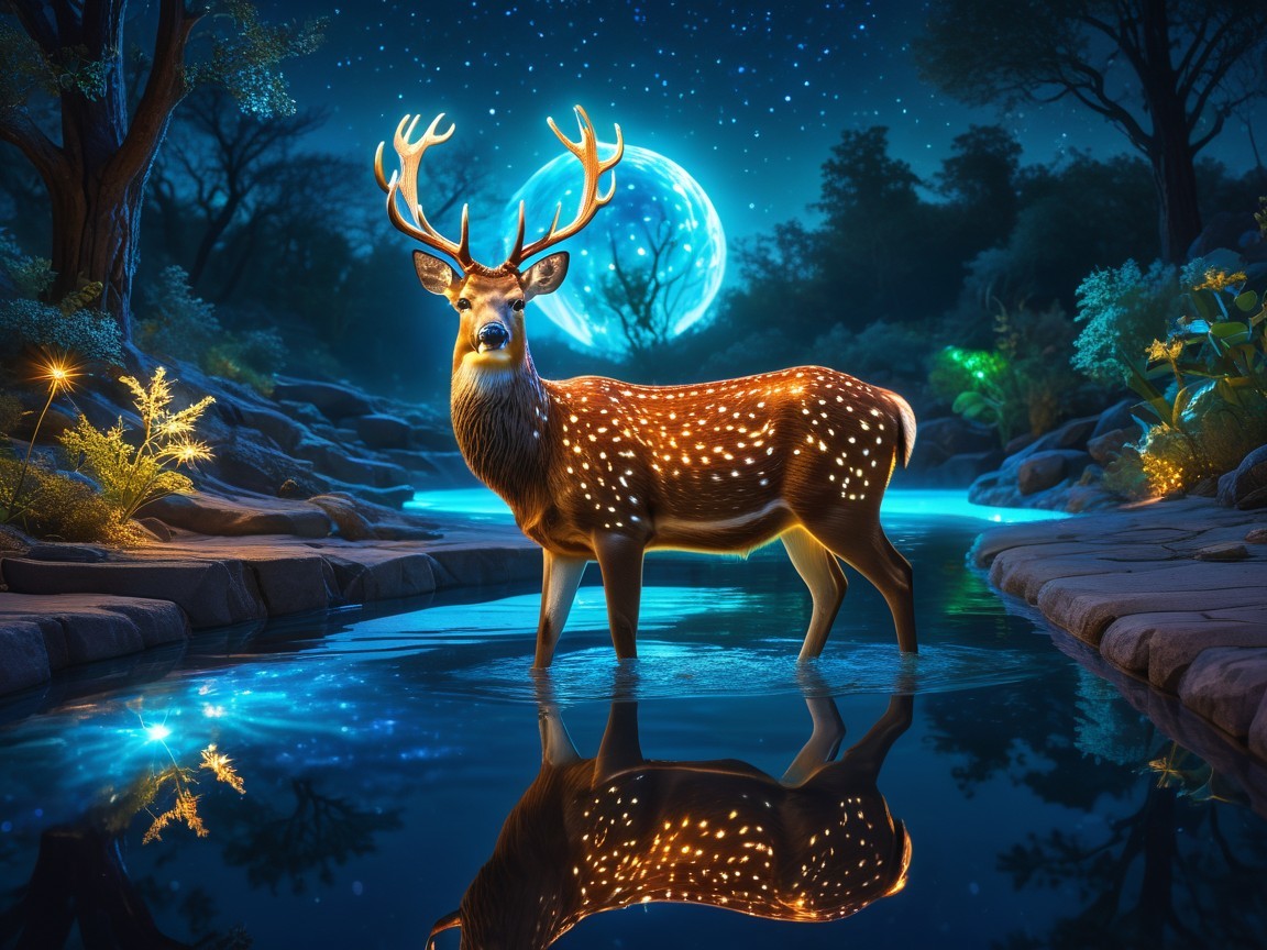 Majestic stag in serene moonlit landscape with greenery