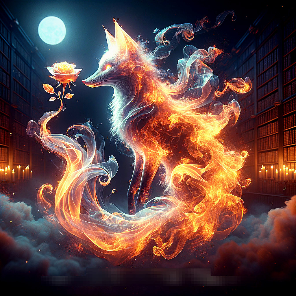 Mystical fox in dark library with flames and moonlight