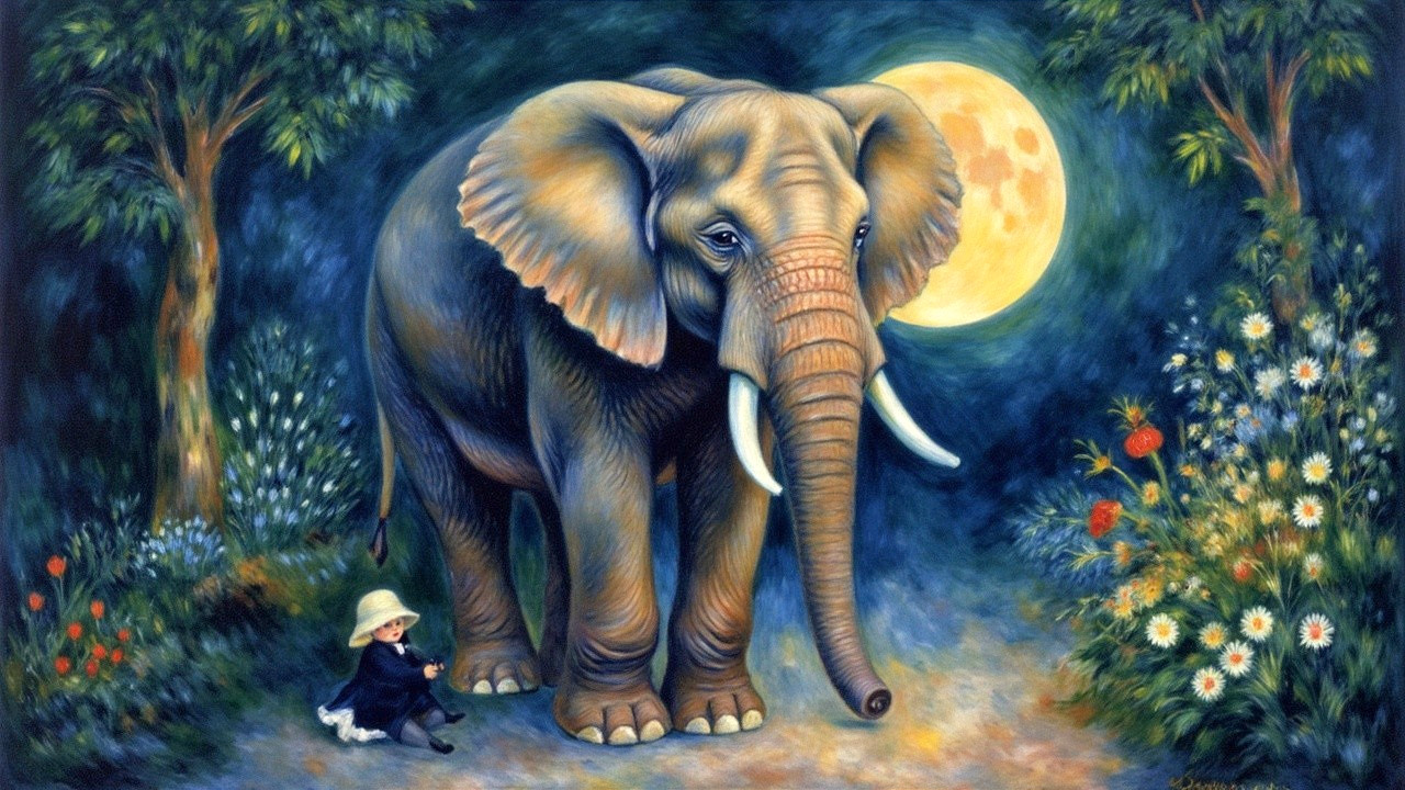 Elephant and Child in a Moonlit Dreamy Landscape
