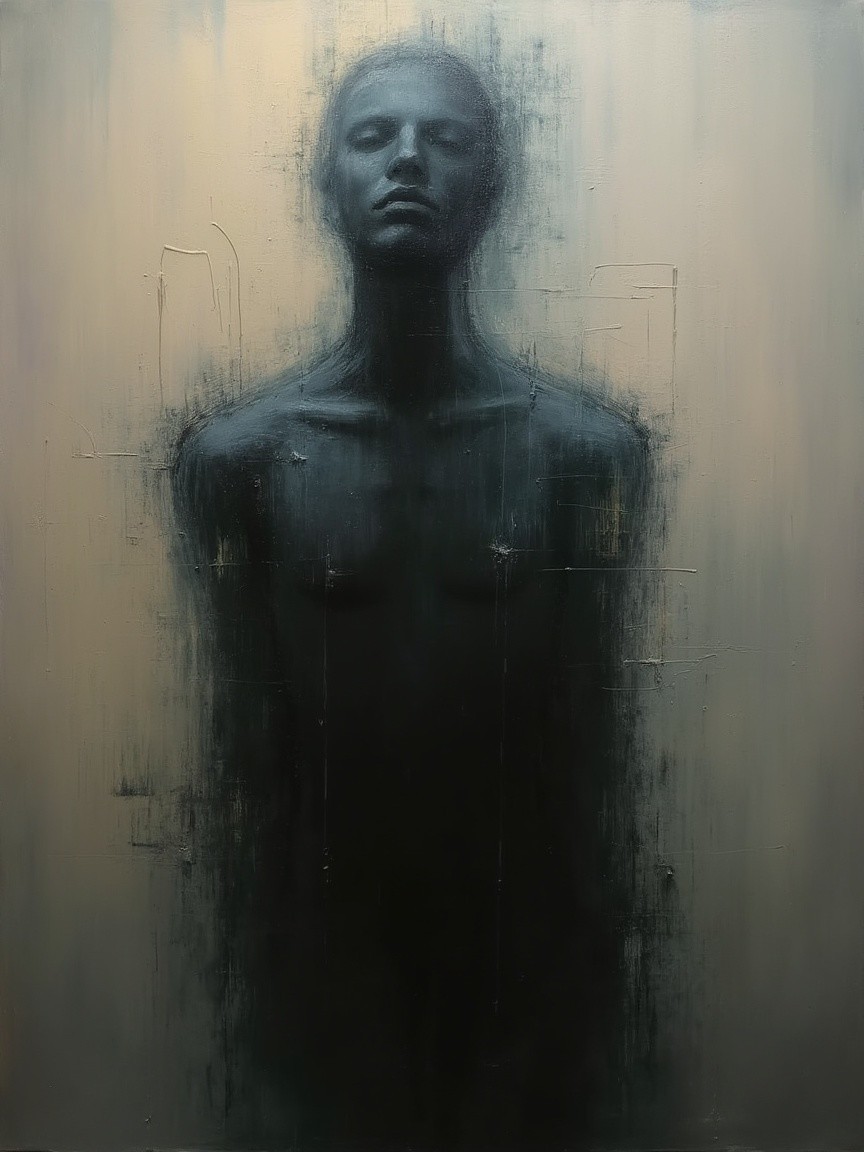 Full-shot portrait of a slender figure in oil paint