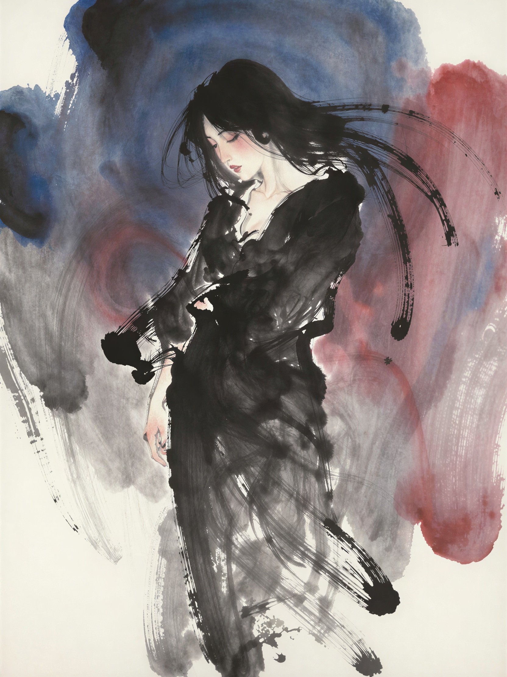 Ink Painting of Woman in Black Garment with Colorful Background