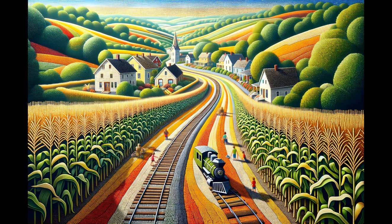 Vibrant Rural Landscape with Railway and Quaint Houses