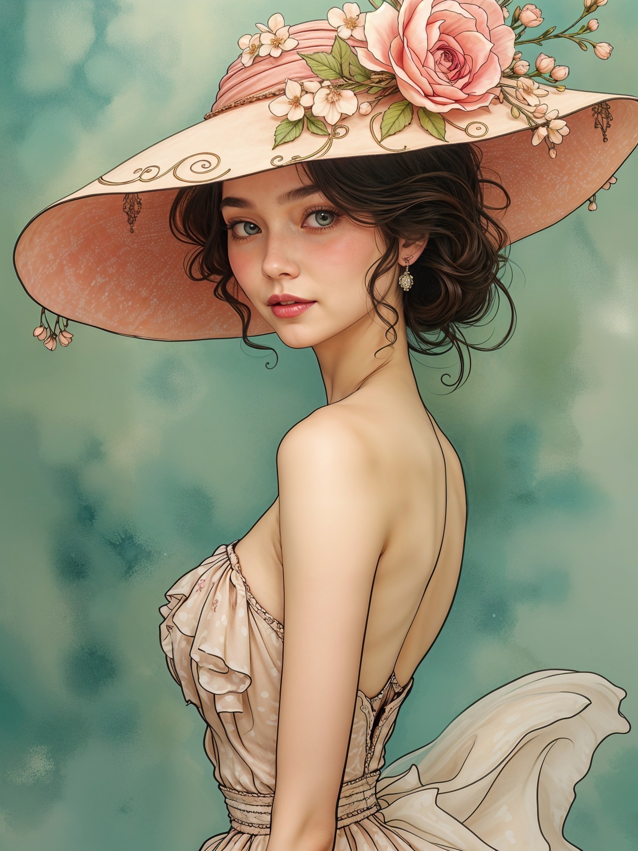 Elegant Woman in Pink Hat and Off-Shoulder Dress