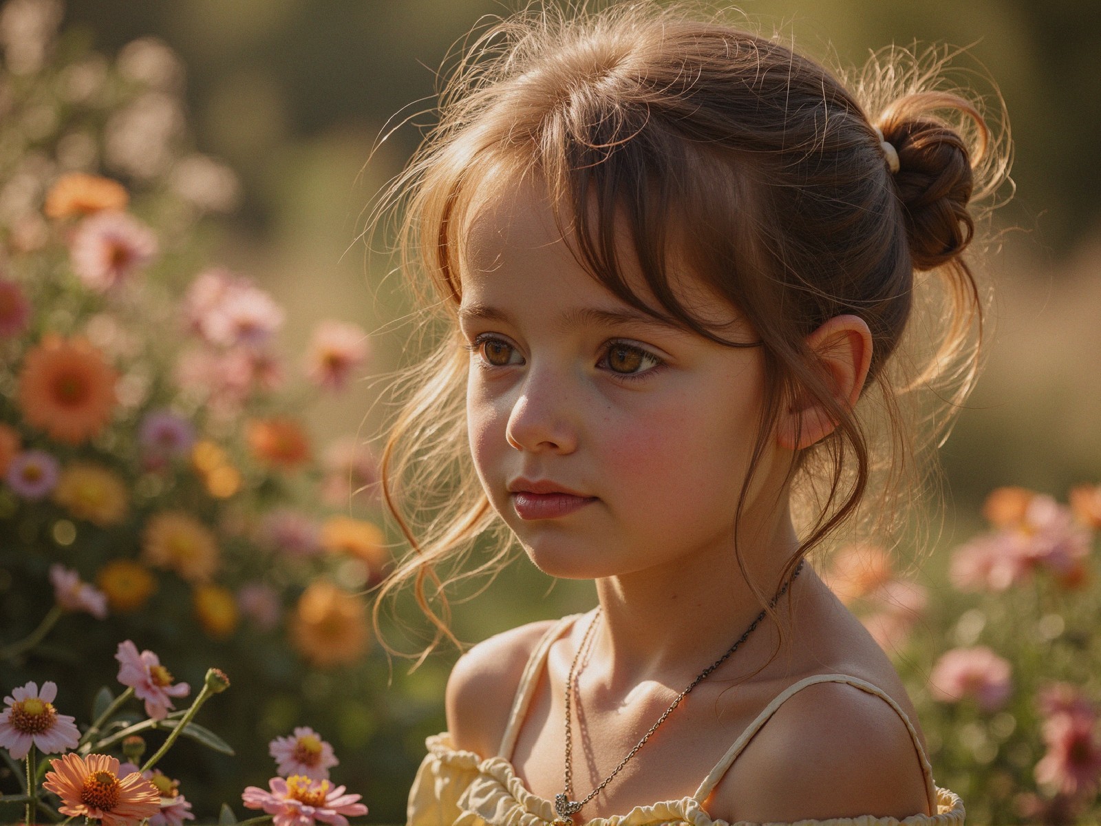 Young girl in a flower field with soft features