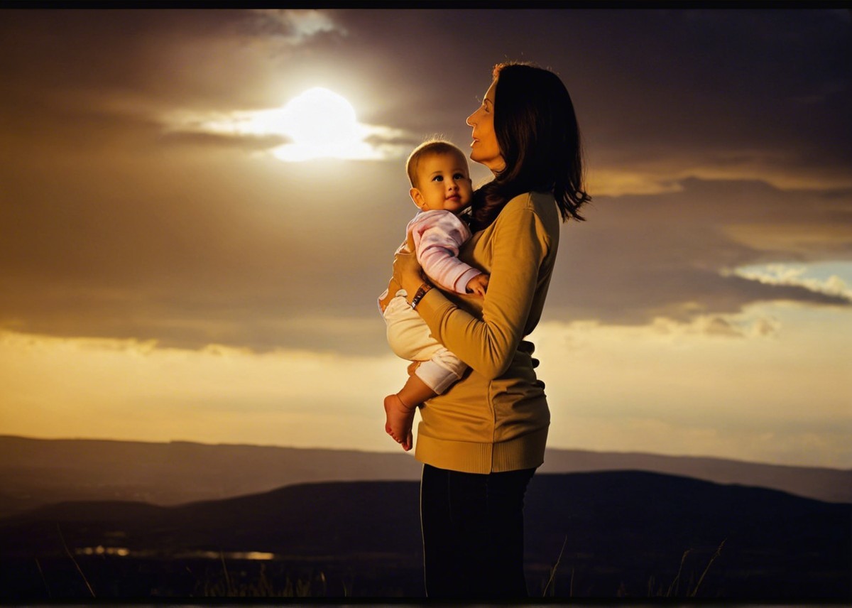 Mother and baby on hilltop at sunset with warm hues