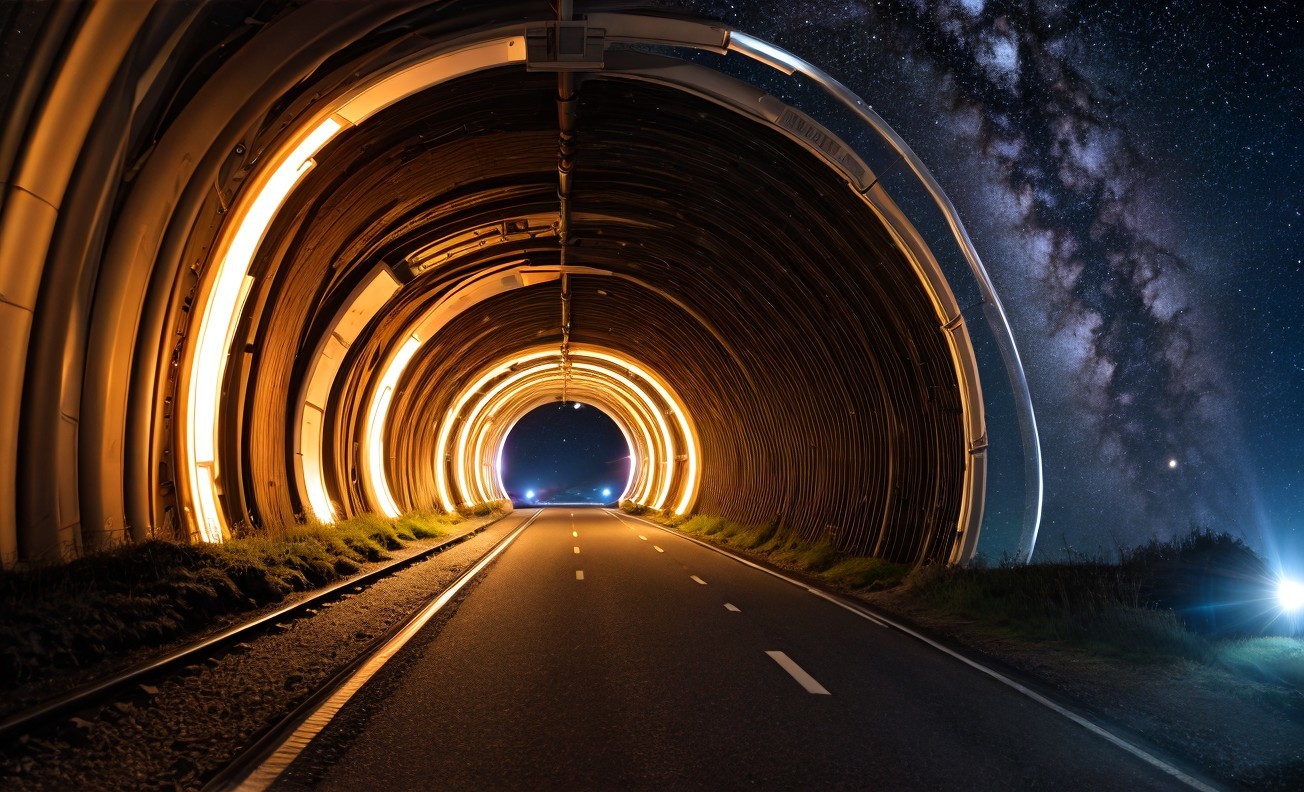 Futuristic Tunnel with Golden Lights and Starry Sky