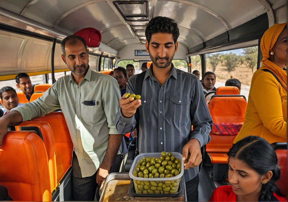 Young man shares green olives on a busy bus