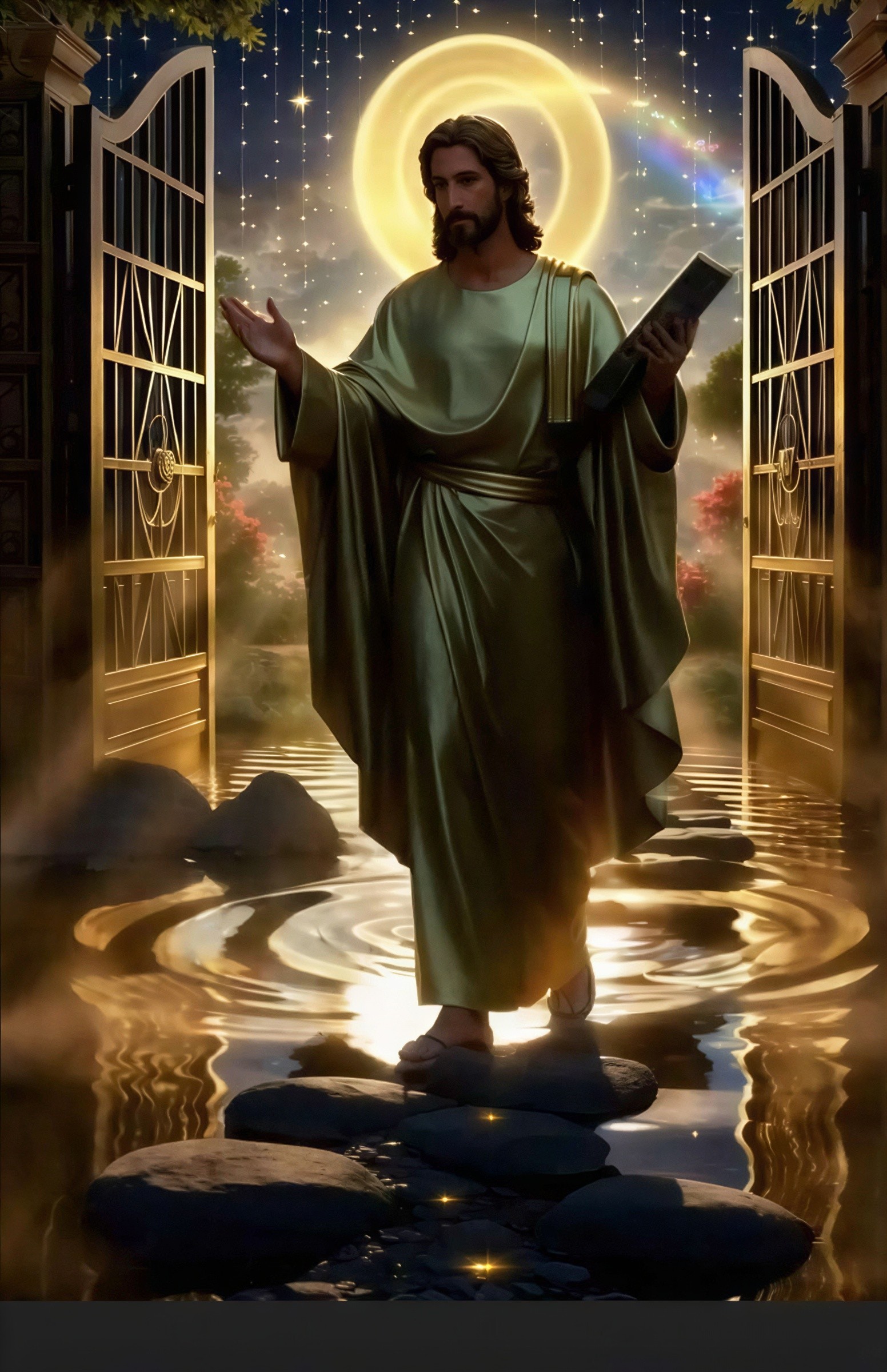 Jesus Christ in a gold robe by a flowing river