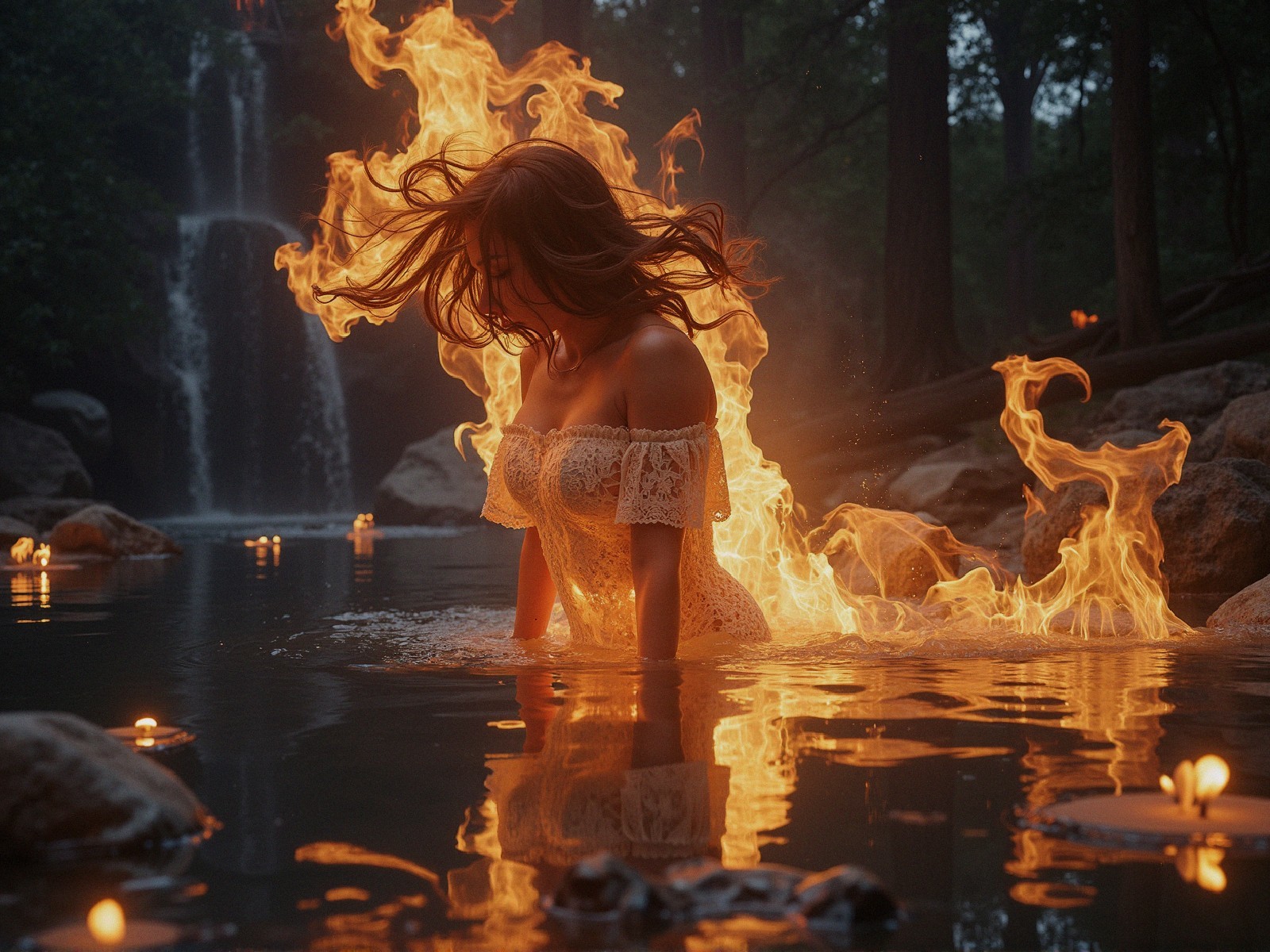 Woman in White Dress by Serene Pool with Candles