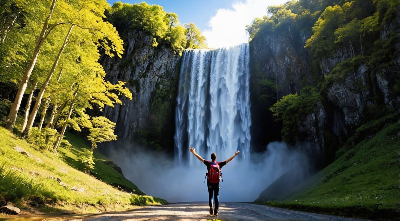 Person in awe before a majestic waterfall scene