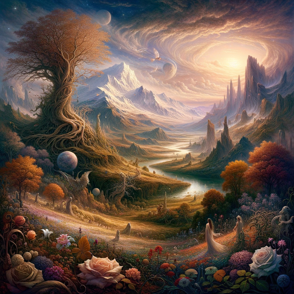 Detailed Fantasy Landscape with Large Tree and Mountains