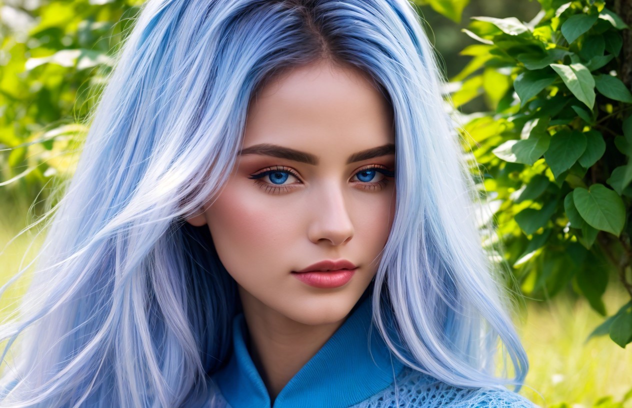 Young woman with blue hair in a green setting