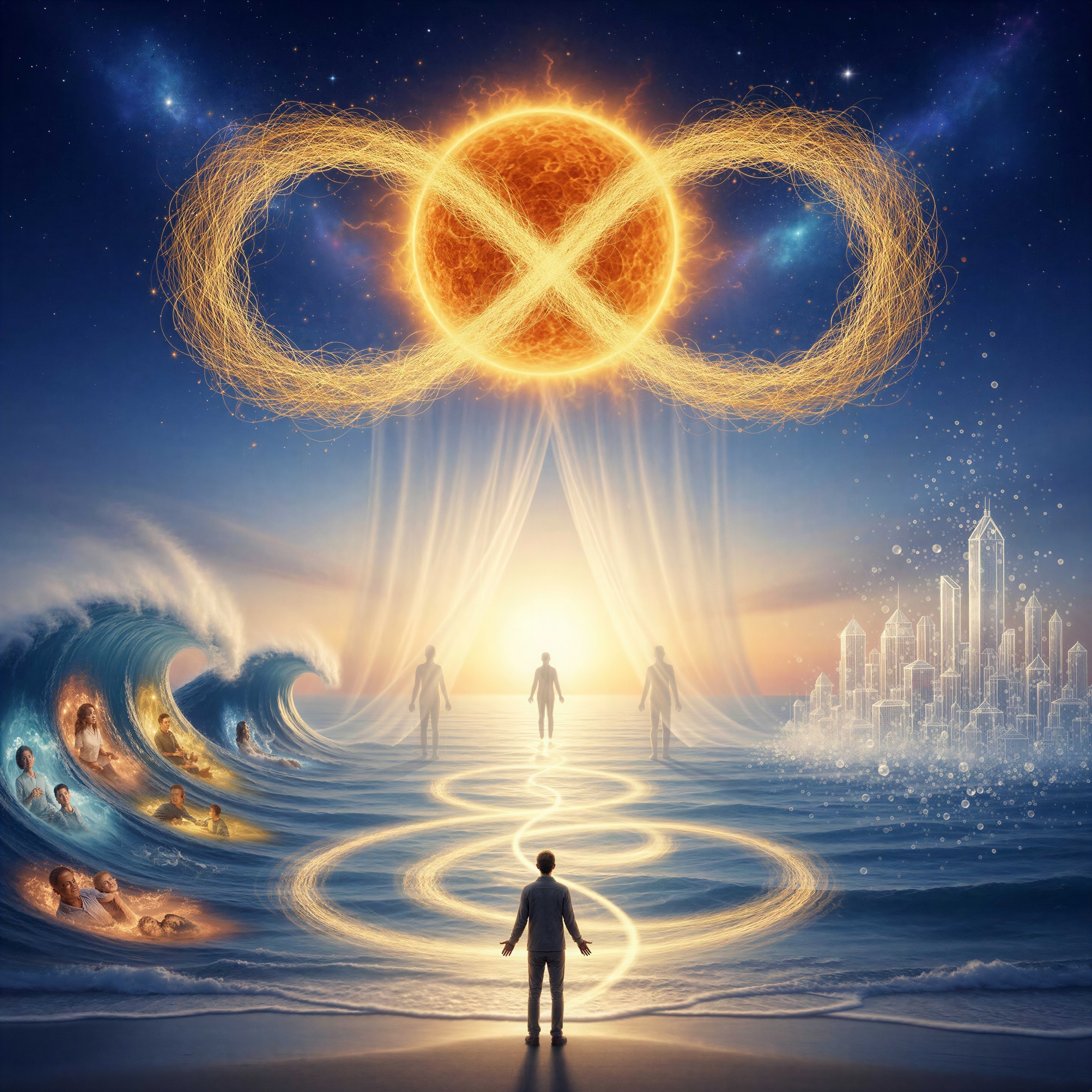 Man on beach gazing at water and celestial scene