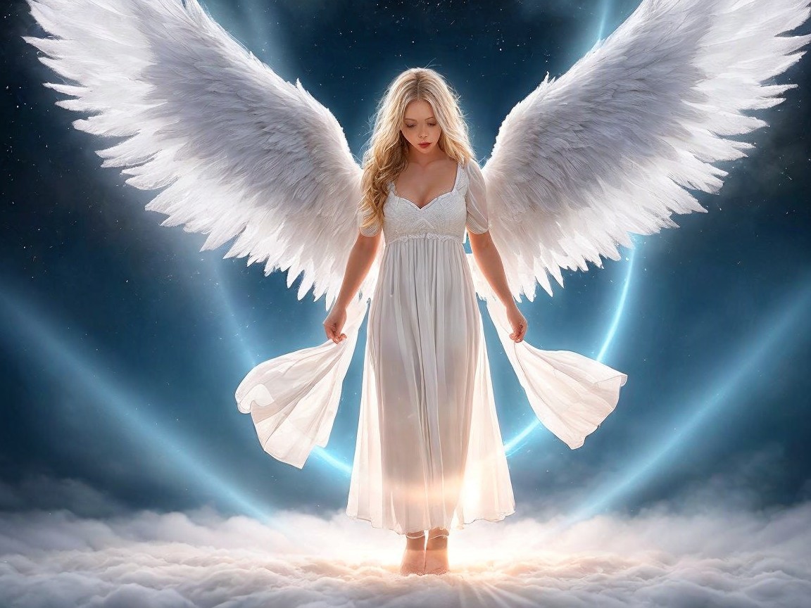 Serene figure with white wings in celestial clouds