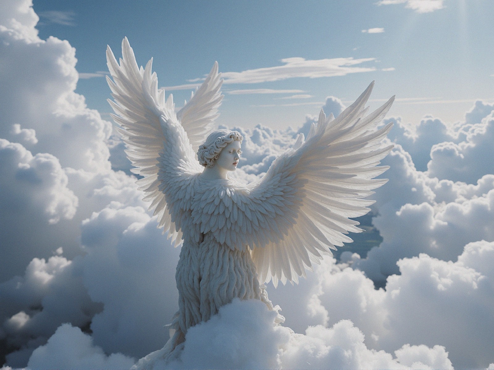Majestic angel figure with detailed wings in clouds