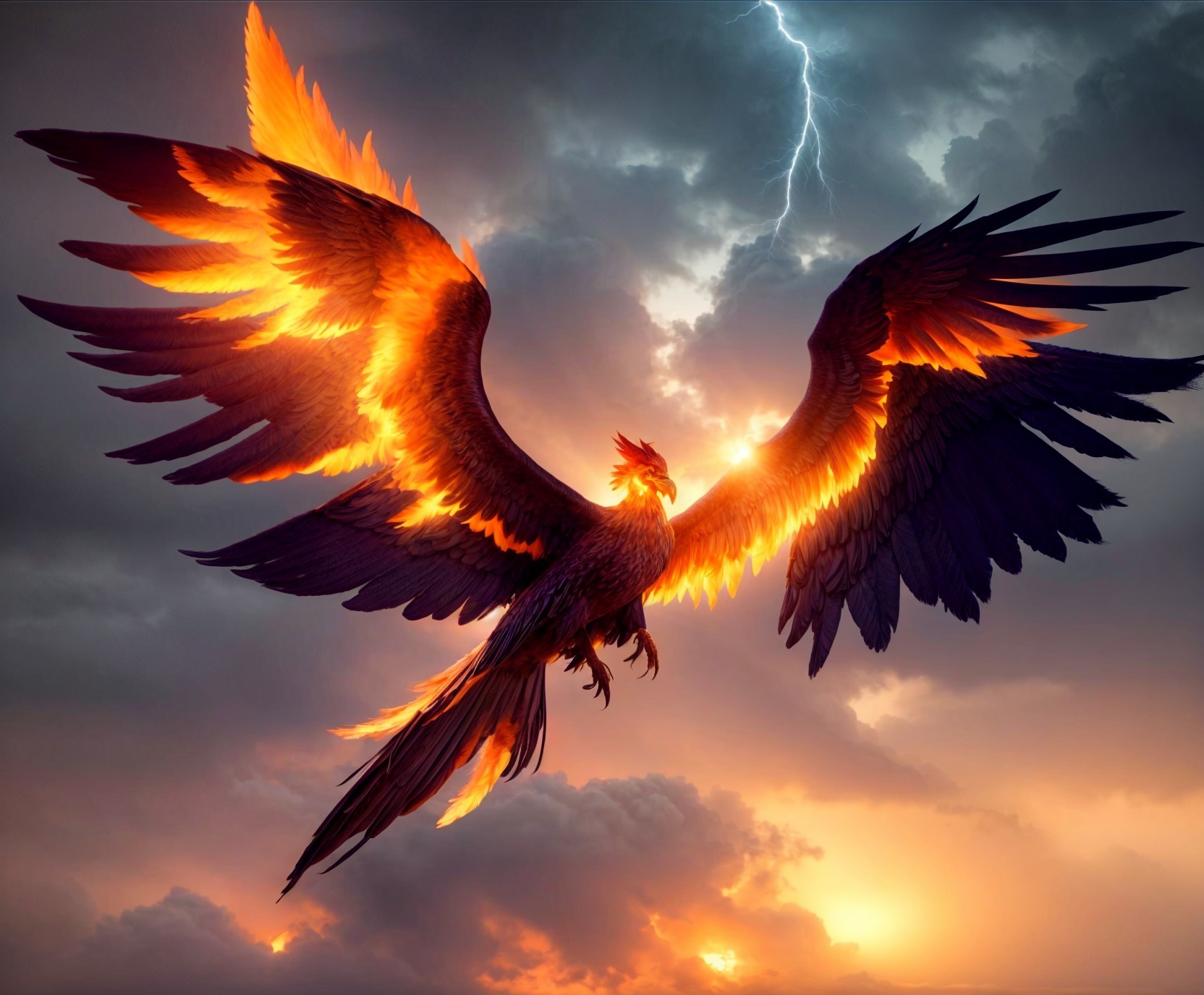 Phoenix in Stormy Sky with Fiery Feathers and Lightning