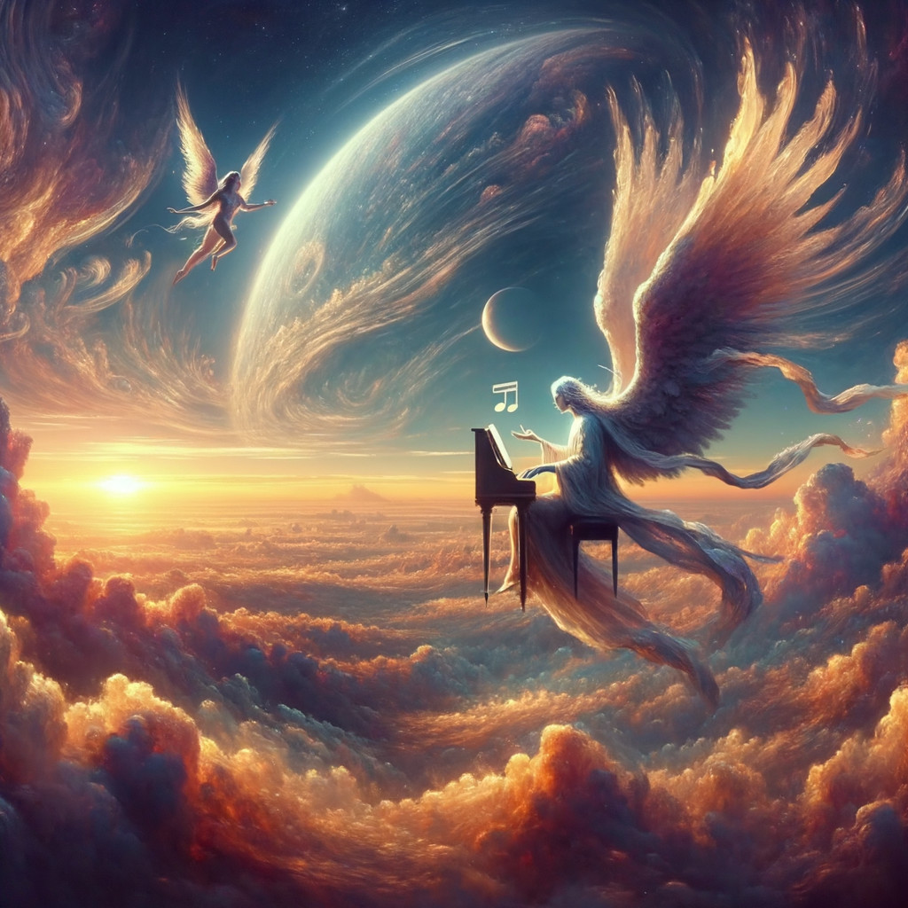 Angel Playing Piano in Celestial Landscape with Planets
