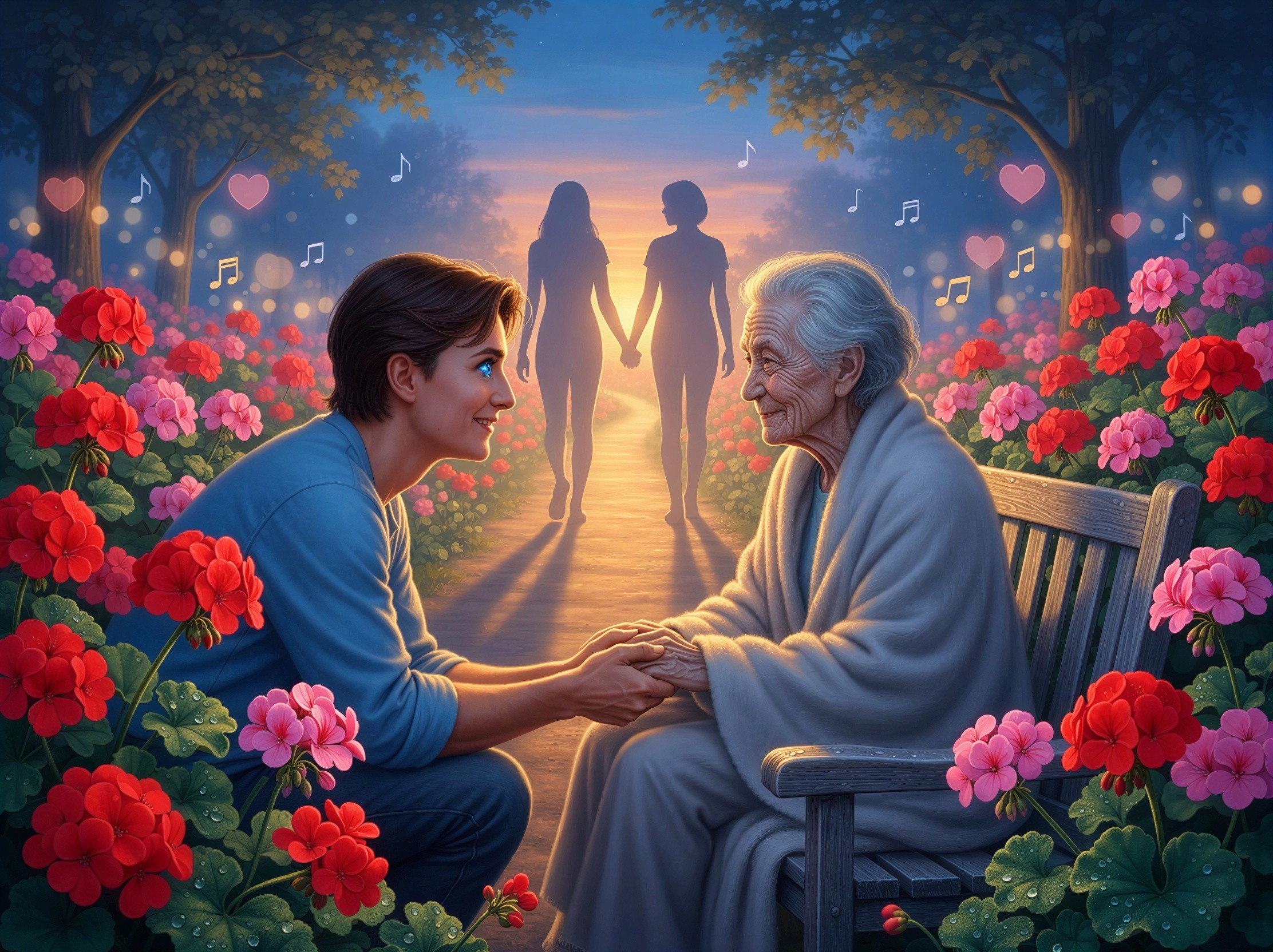 Digital painting of a young man and elderly woman in sunlight