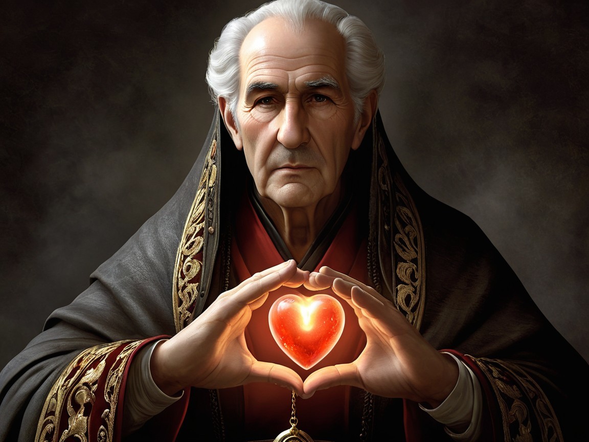 Elderly Man in Dark Robes Holding Heart-Shaped Gemstone