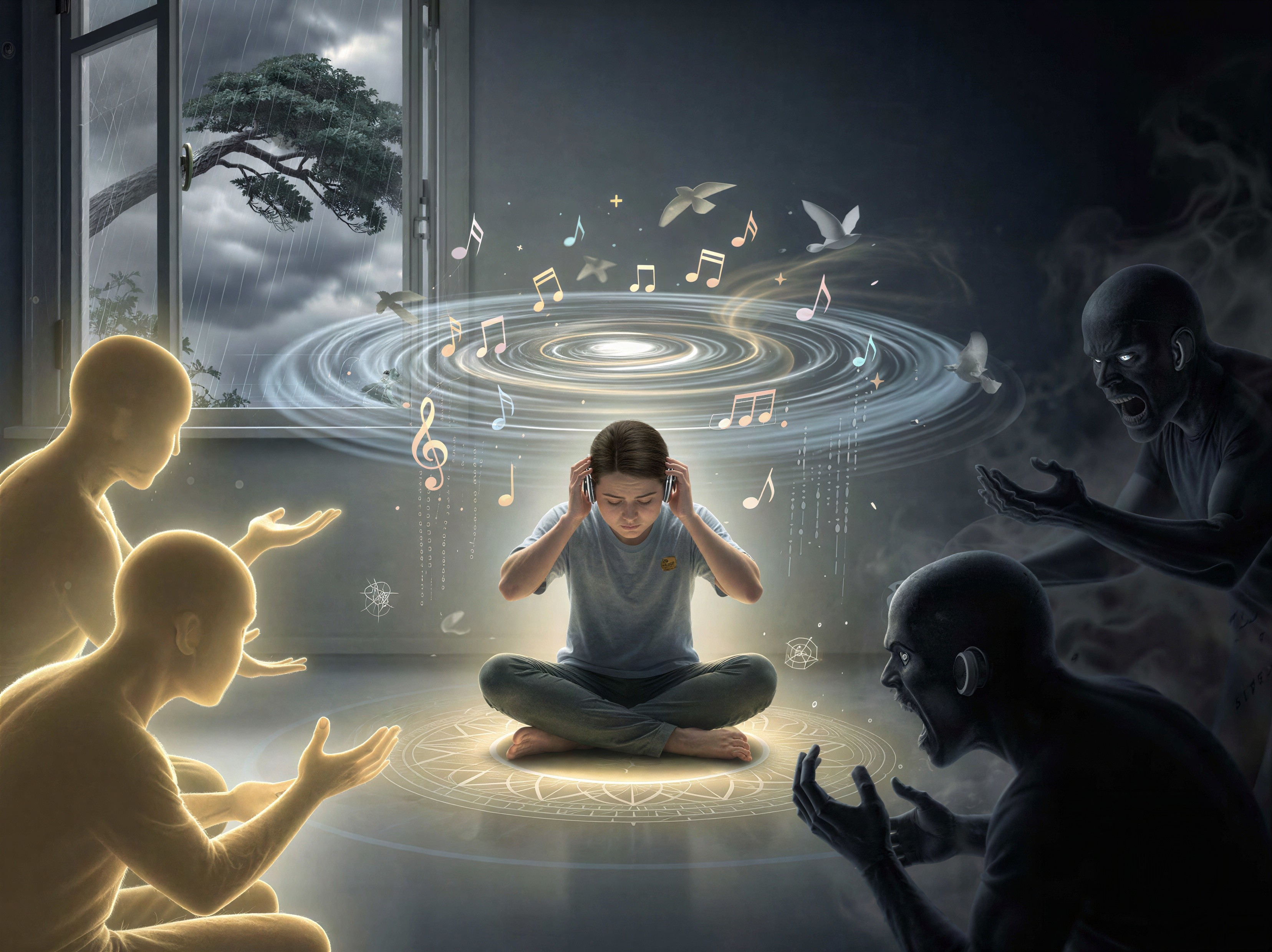 Digital painting of meditation with contrasting figures