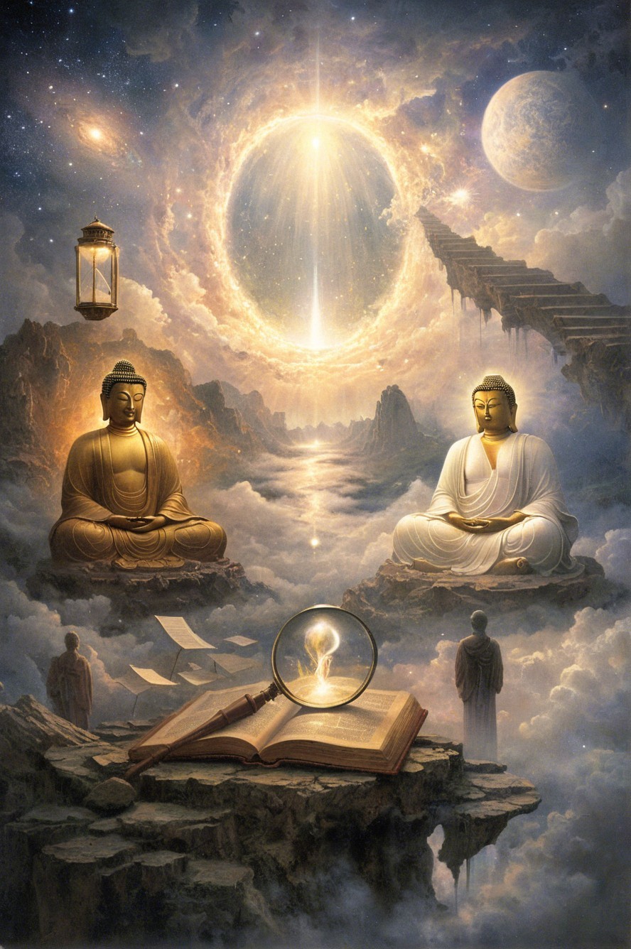 Cosmic Digital Painting of Two Meditating Buddhas