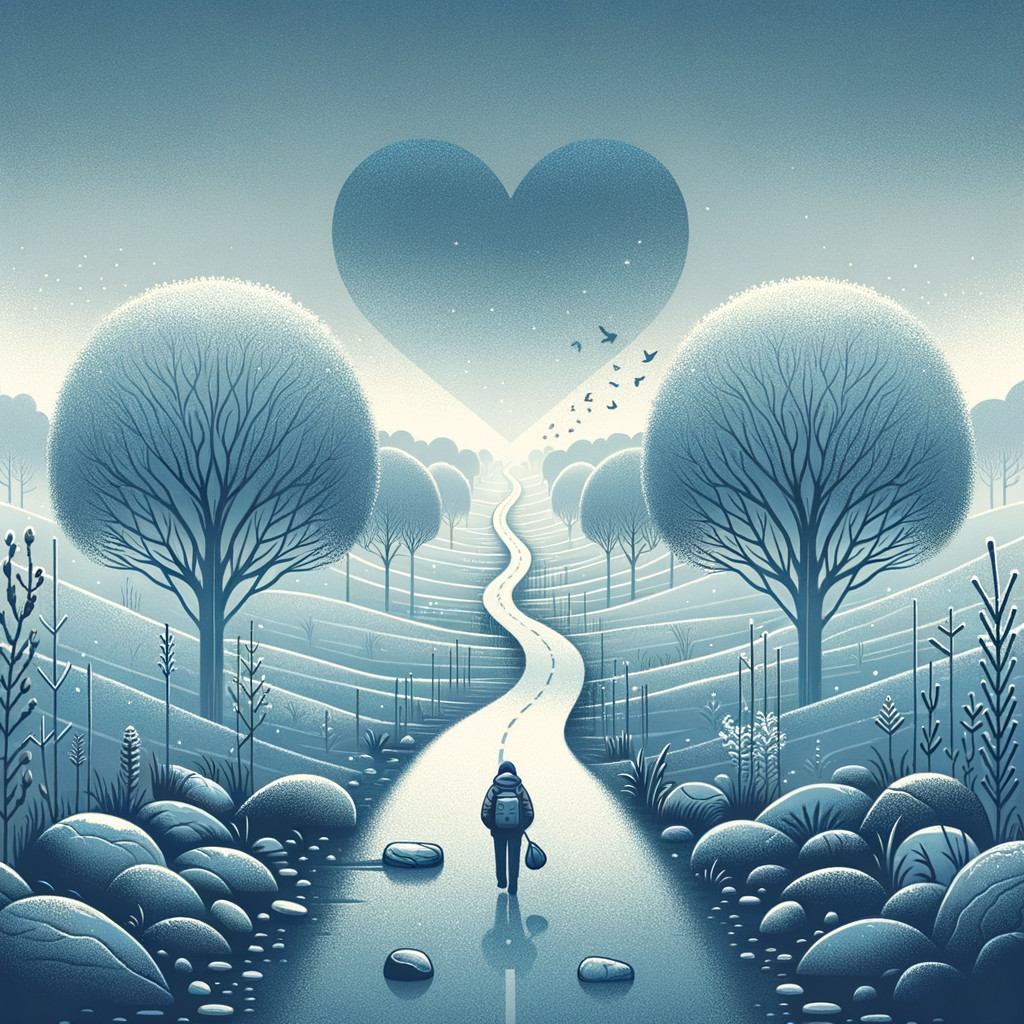 Serene Landscape with Solitary Figure and Heart Clouds