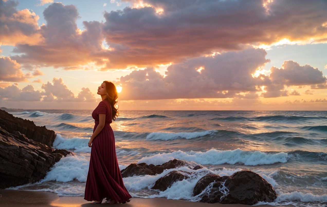 Woman in burgundy dress on beach at sunset