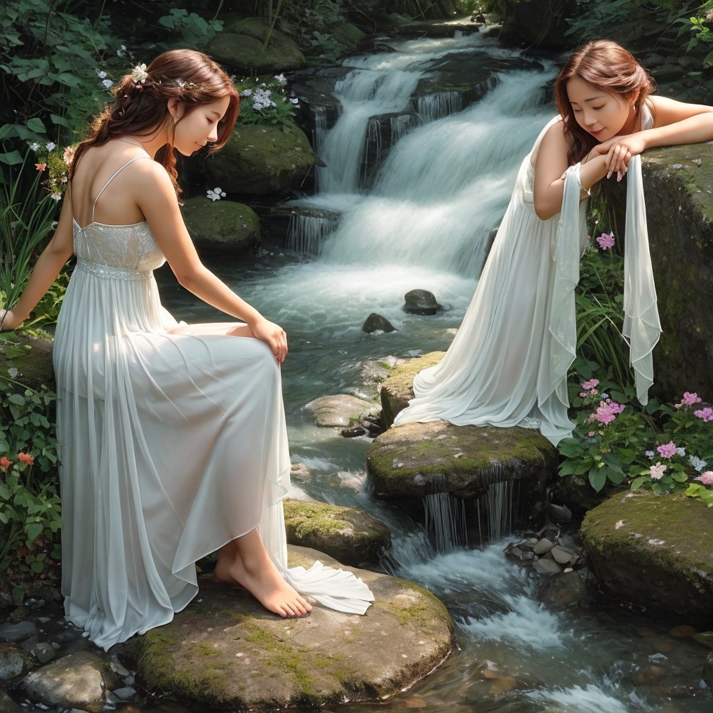 Women in White Dresses by a Stream in Nature