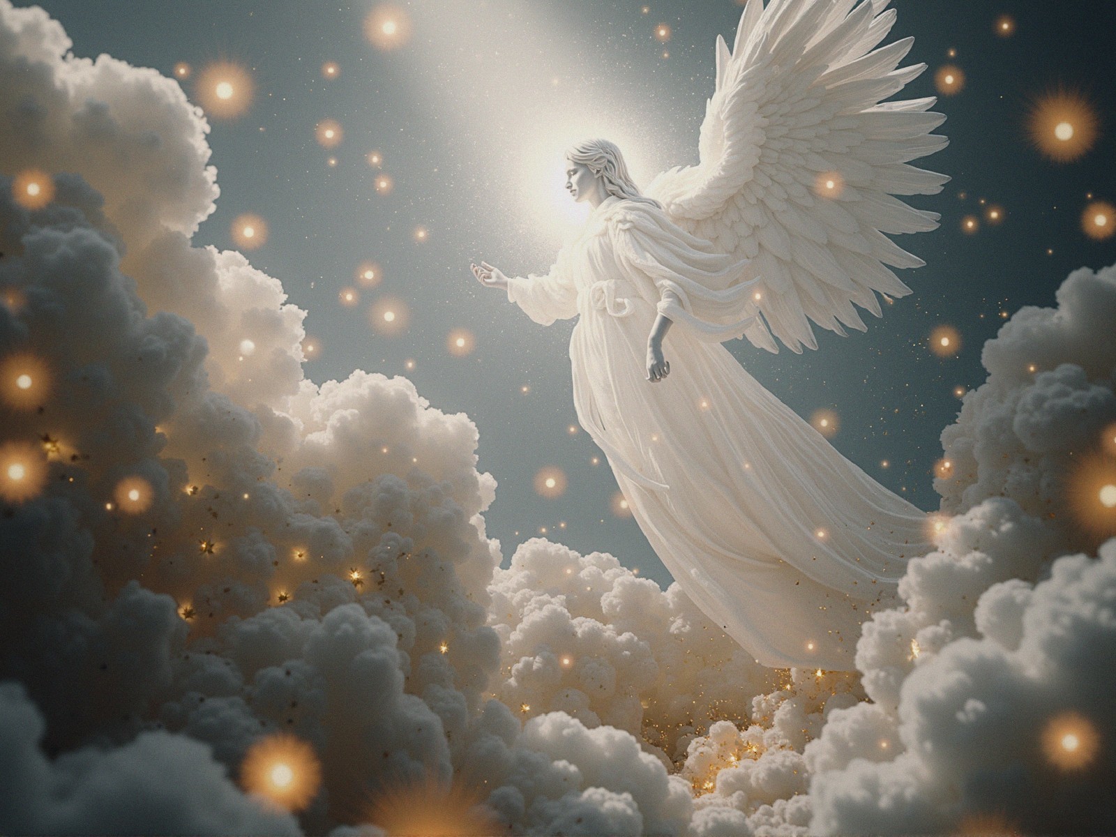 Ethereal angel in white gown among luminous clouds
