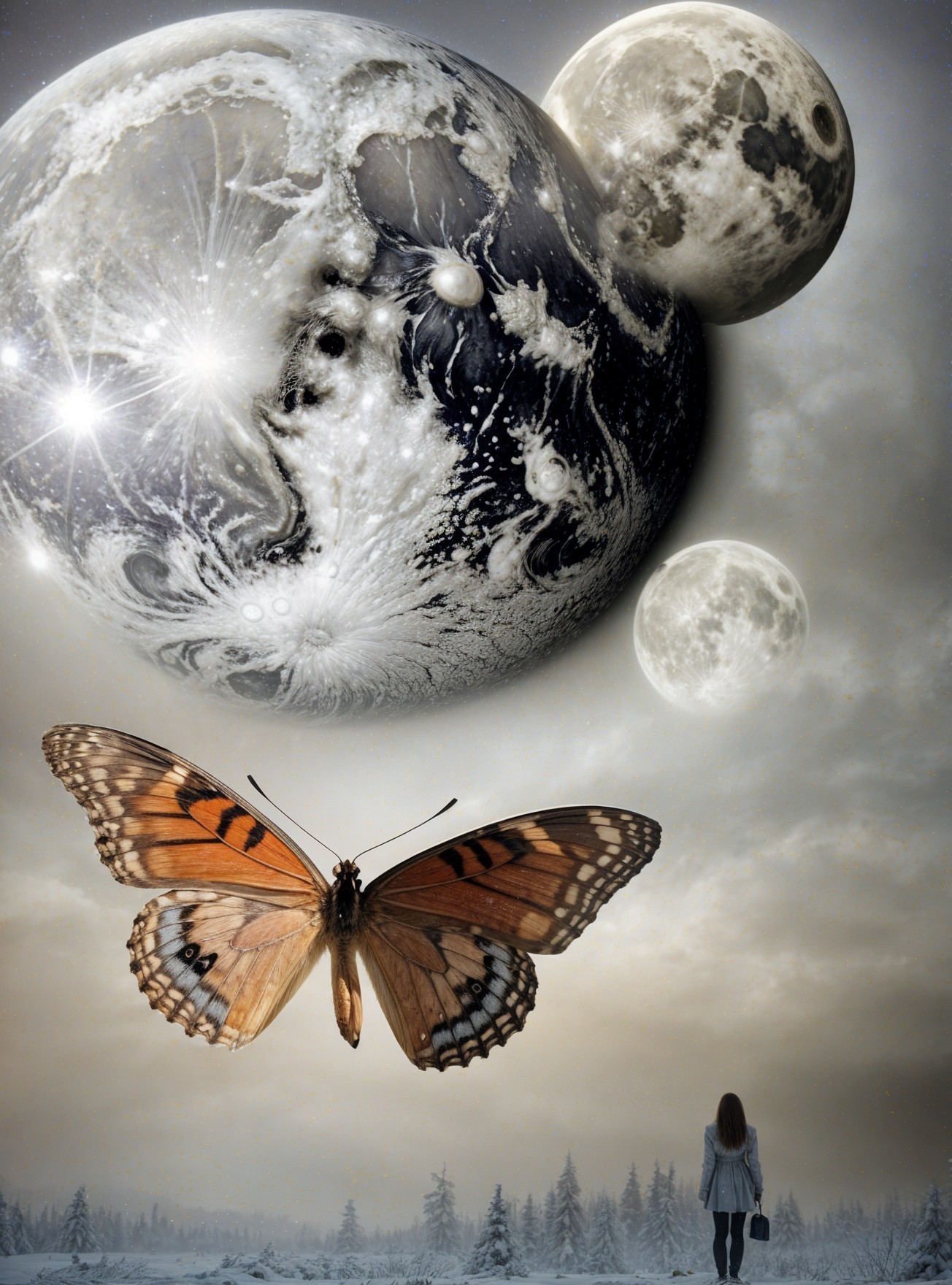 Surreal Landscape with Celestial Bodies and Butterfly